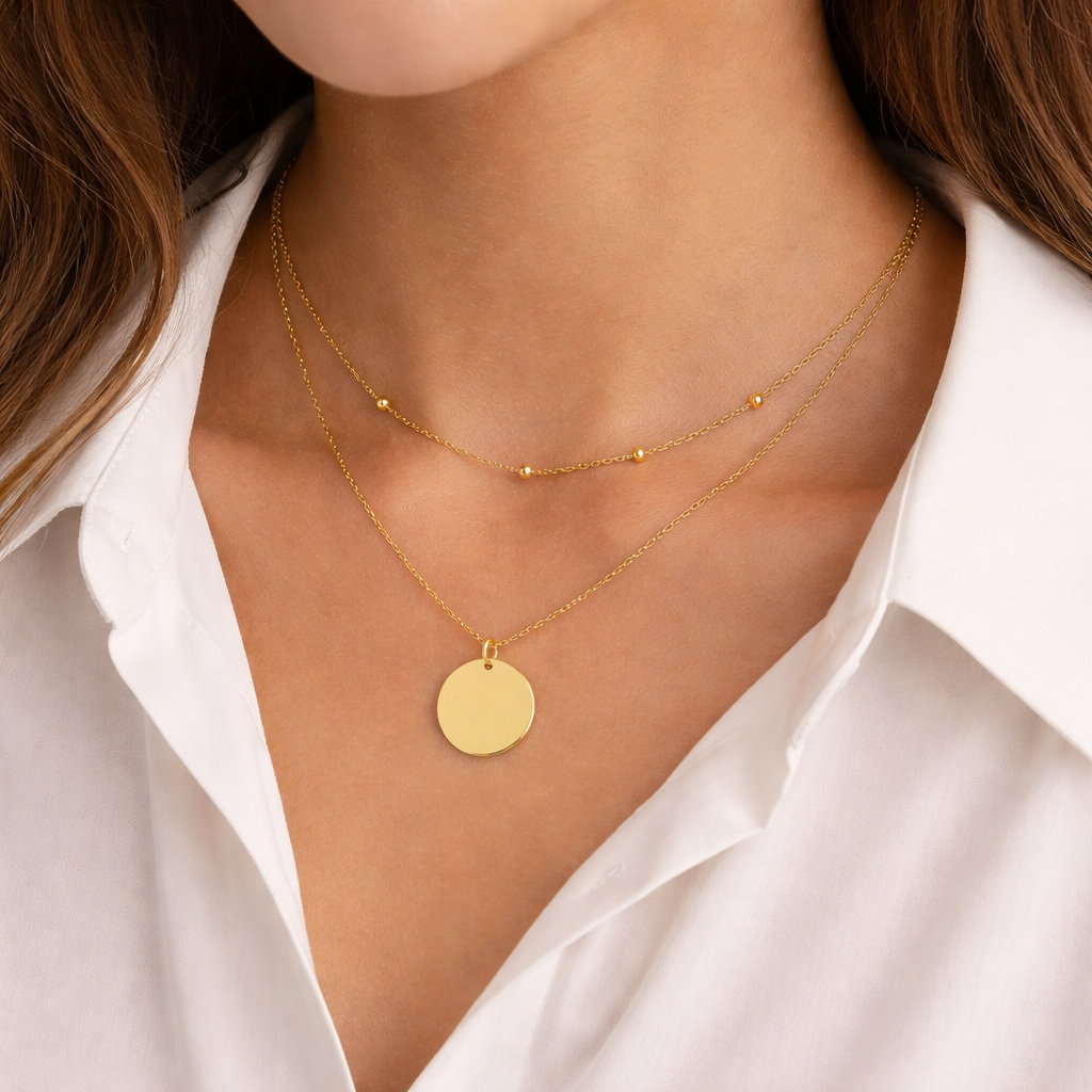 Double Layered Necklace with Round Disc Pendant Ready to be Engraved Gold Plated