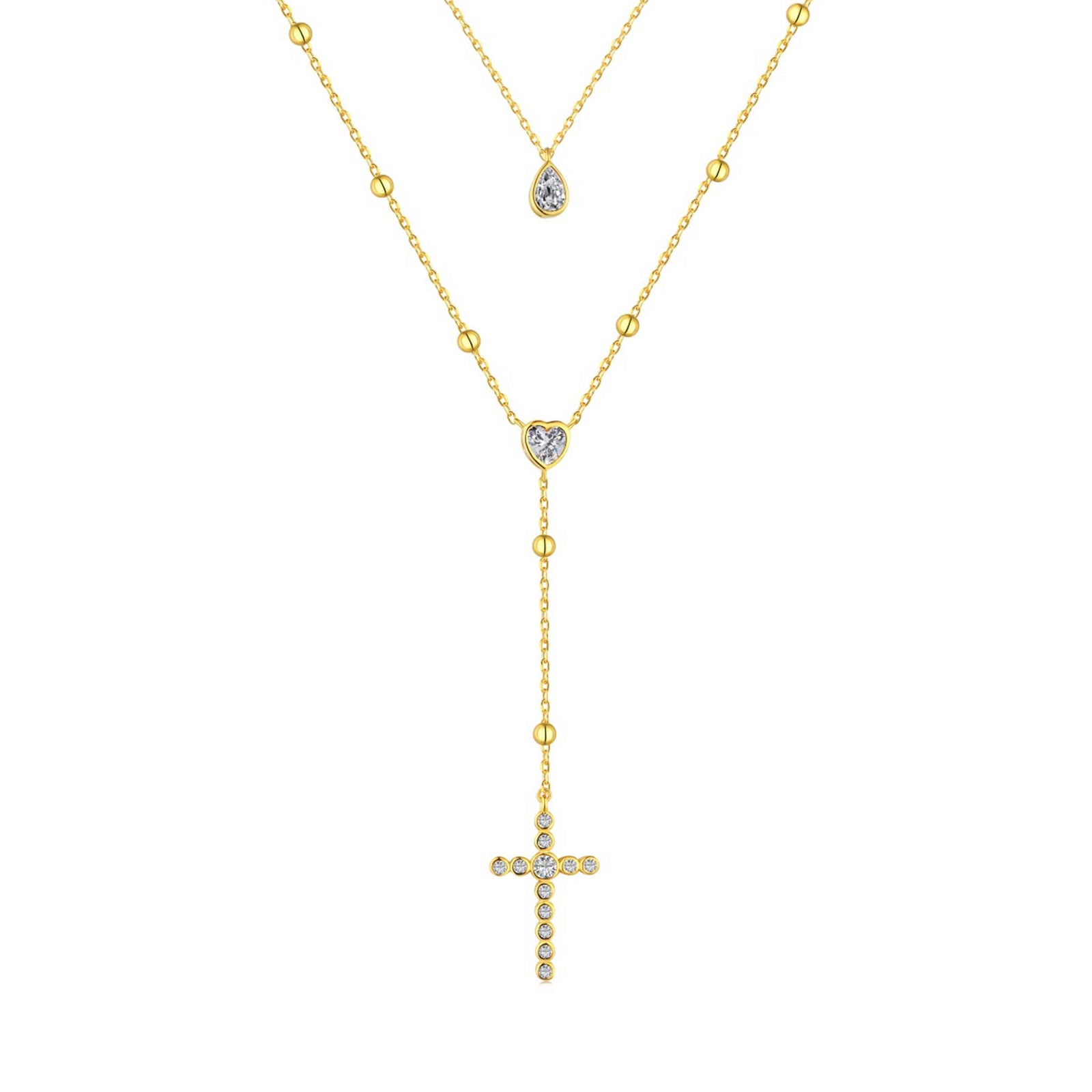 Double Necklace with Tear of Joy & Cross Pendants Gold Plated