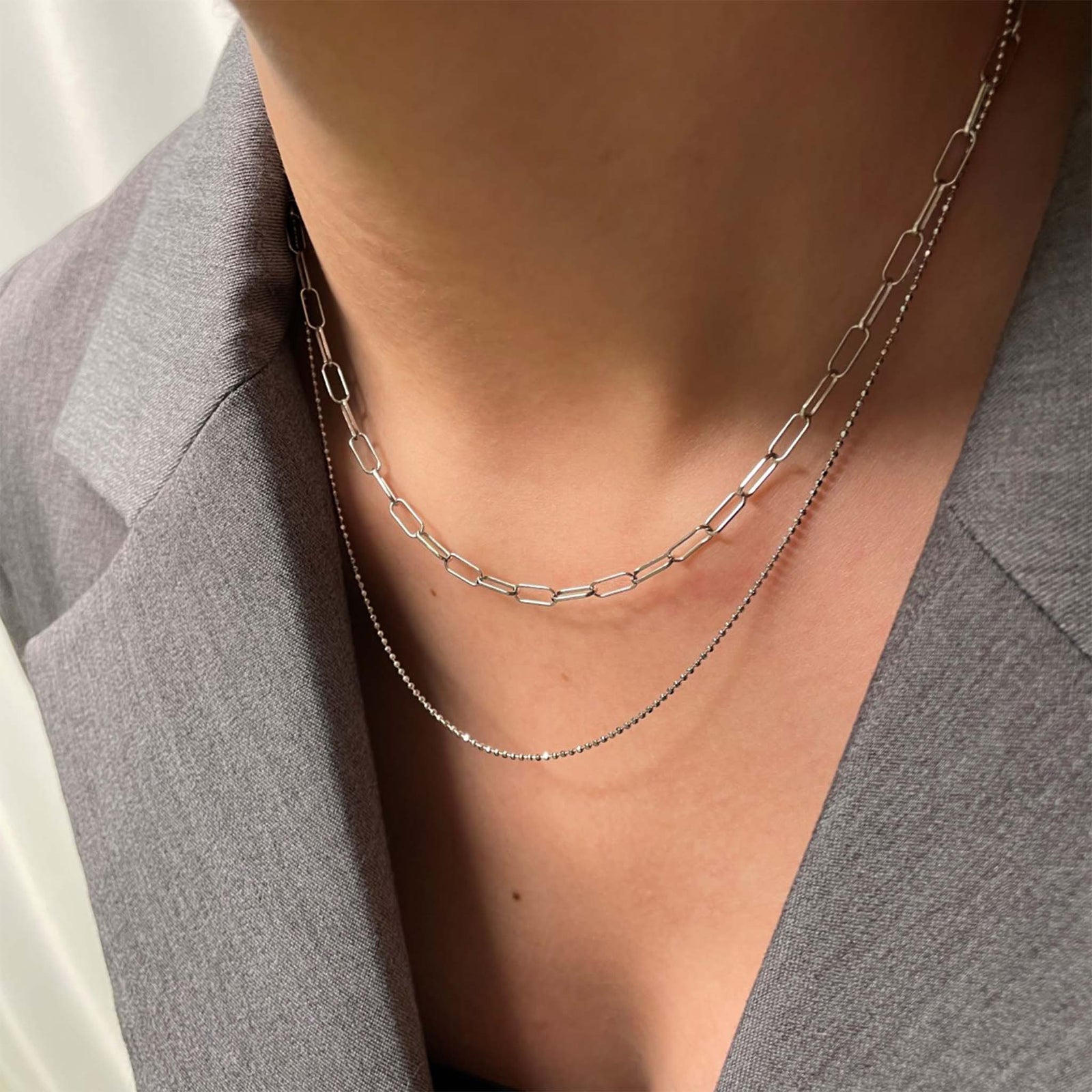 Double Layered Necklace Rhodium Plated Sterling Silver