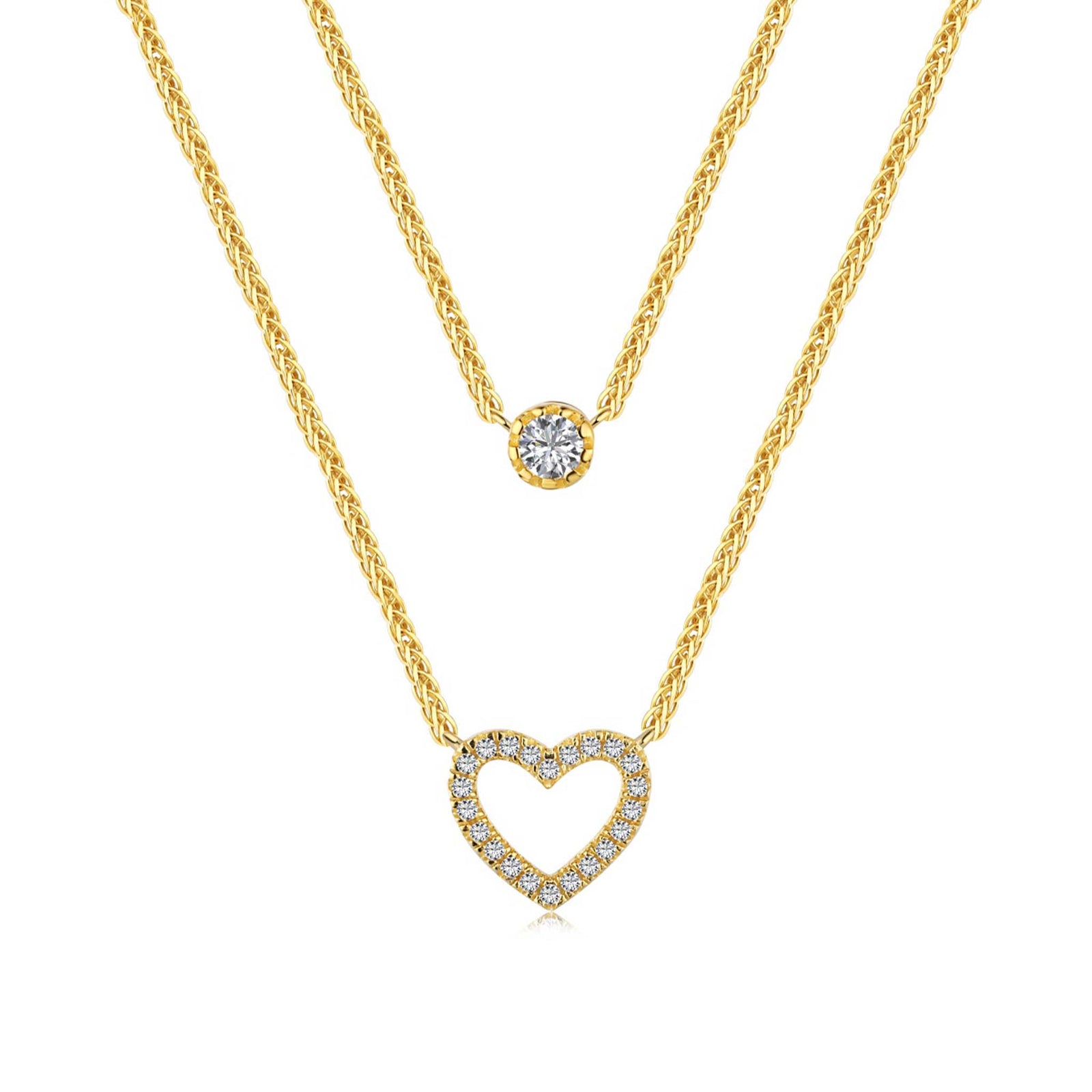 Double Layered Necklace with Dainty Stone and Heart Pendant Gold Plated