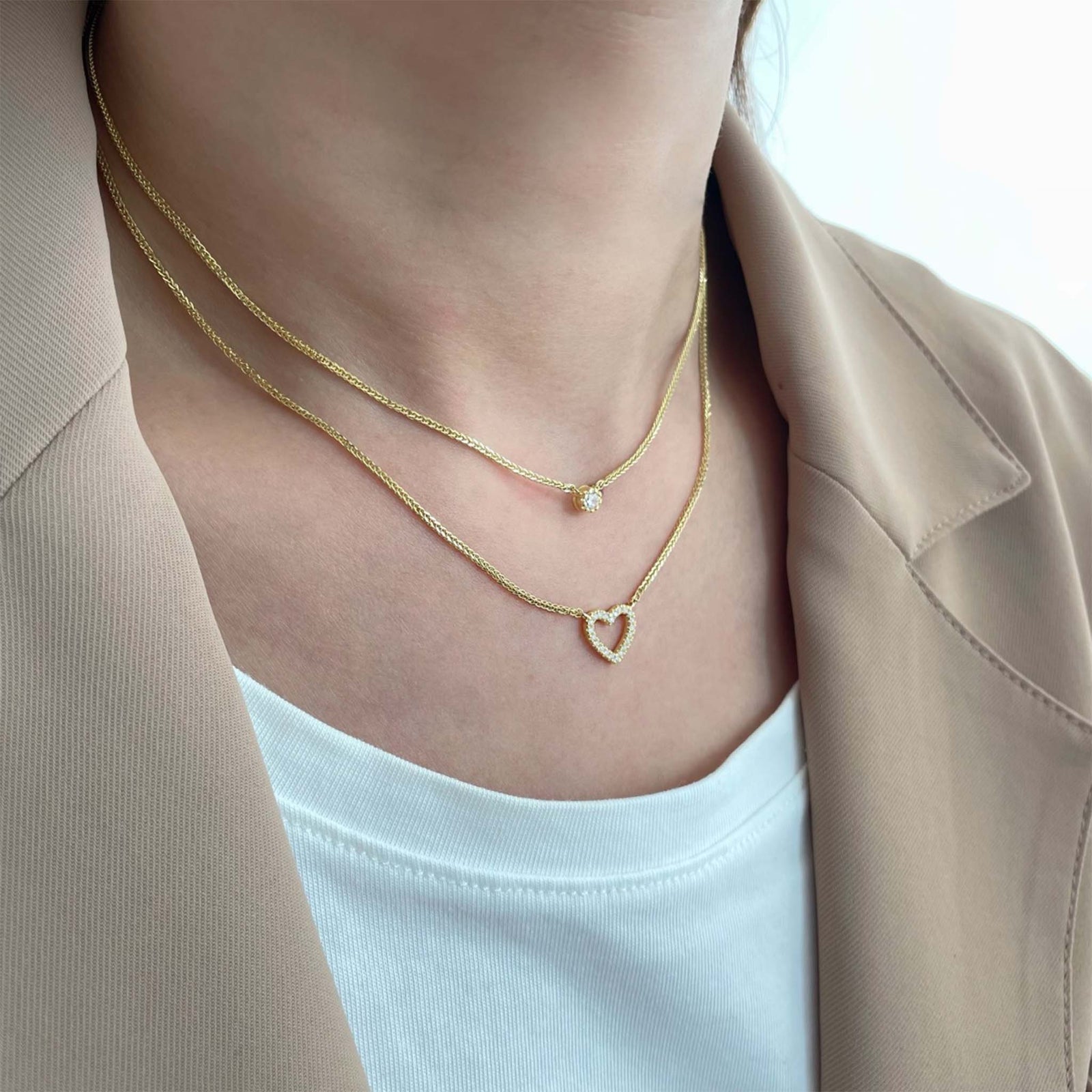 Double Layered Necklace with Dainty Stone and Heart Pendant Gold Plated