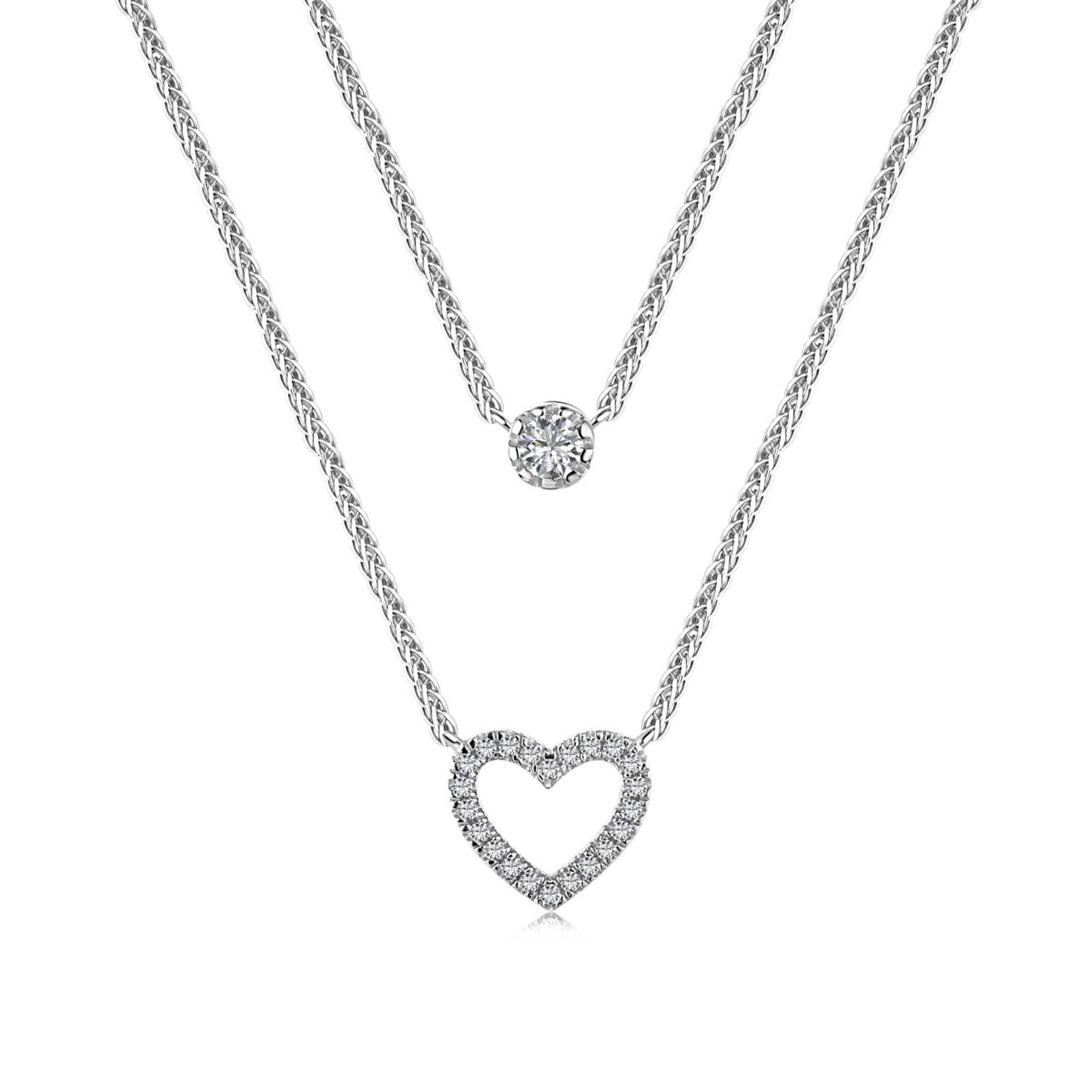 Double Layered Necklace with Dainty Stone and Heart Pendant Rhodium Plated