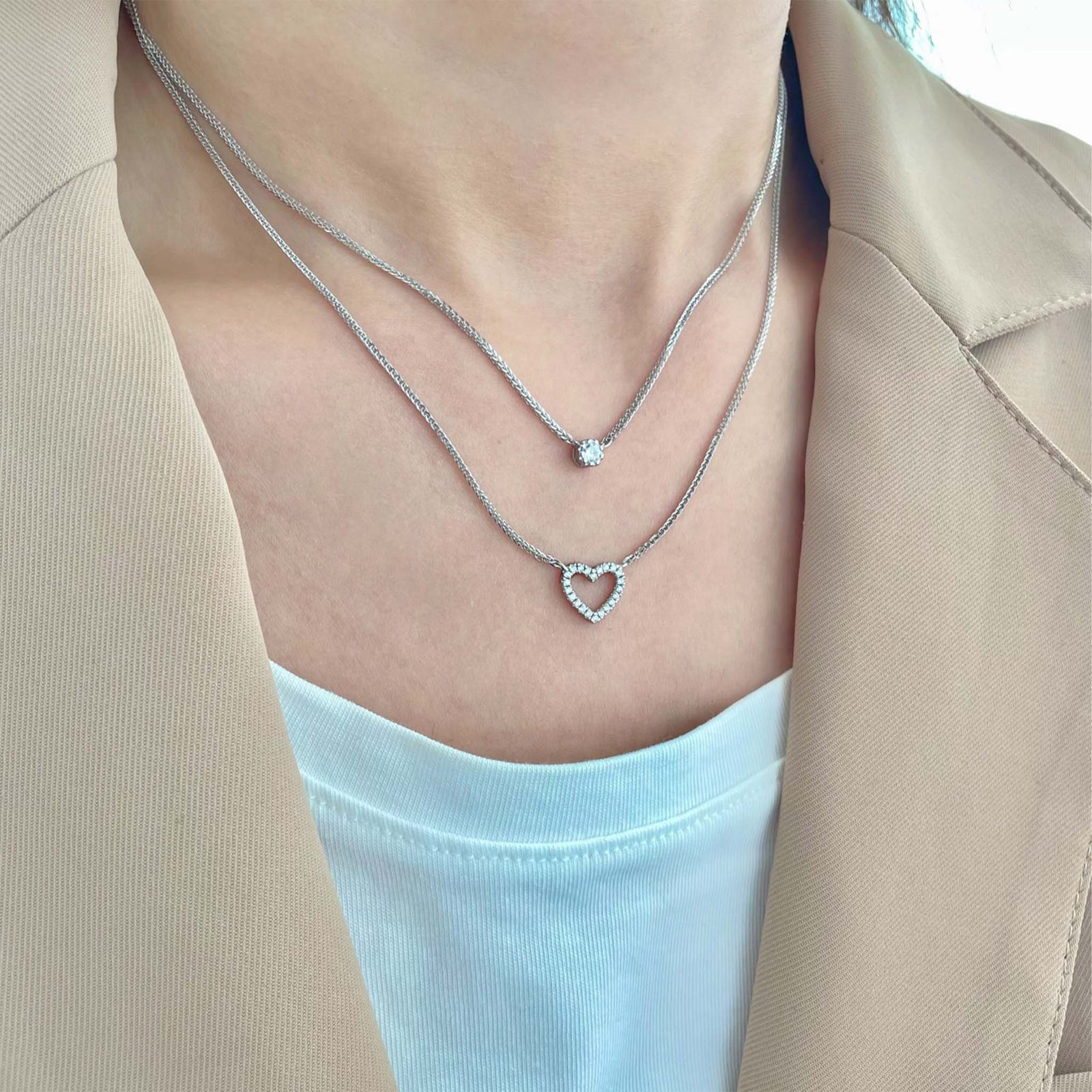 Double Layered Necklace with Dainty Stone and Heart Pendant Rhodium Plated