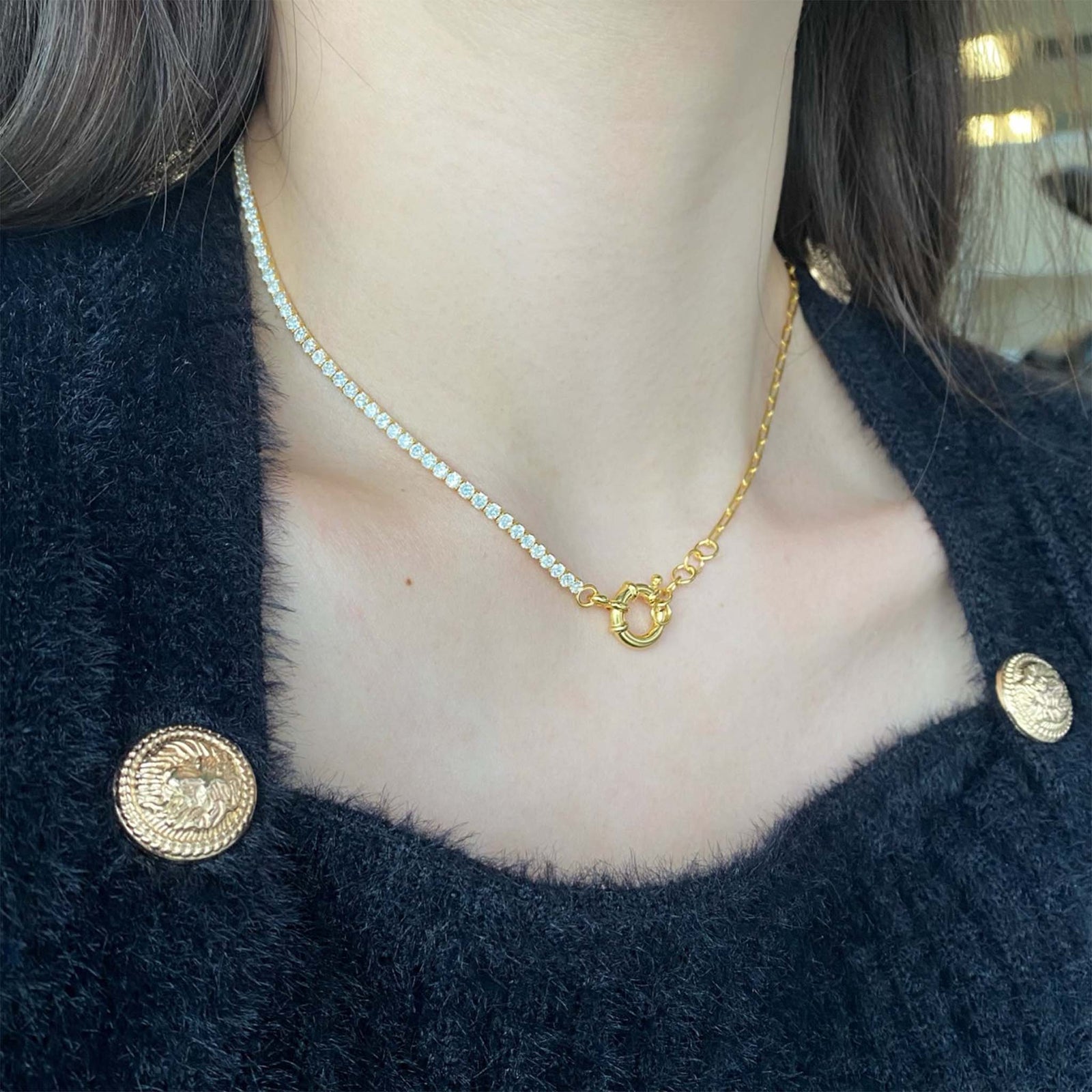 Half Tennis Half Paperclip Necklace Gold Plated Sterling Silver