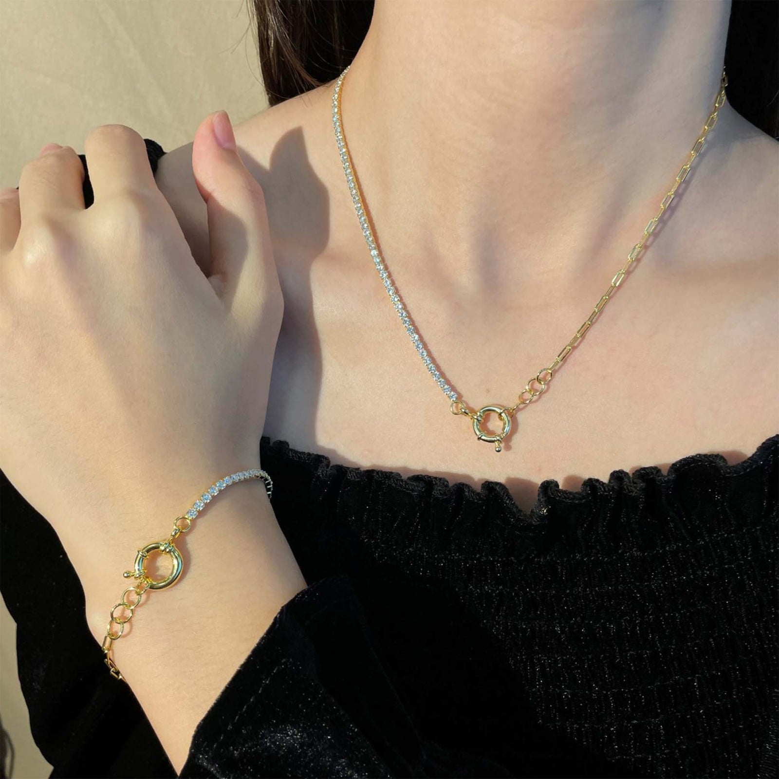 Half Tennis Half Paperclip Necklace Gold Plated Sterling Silver