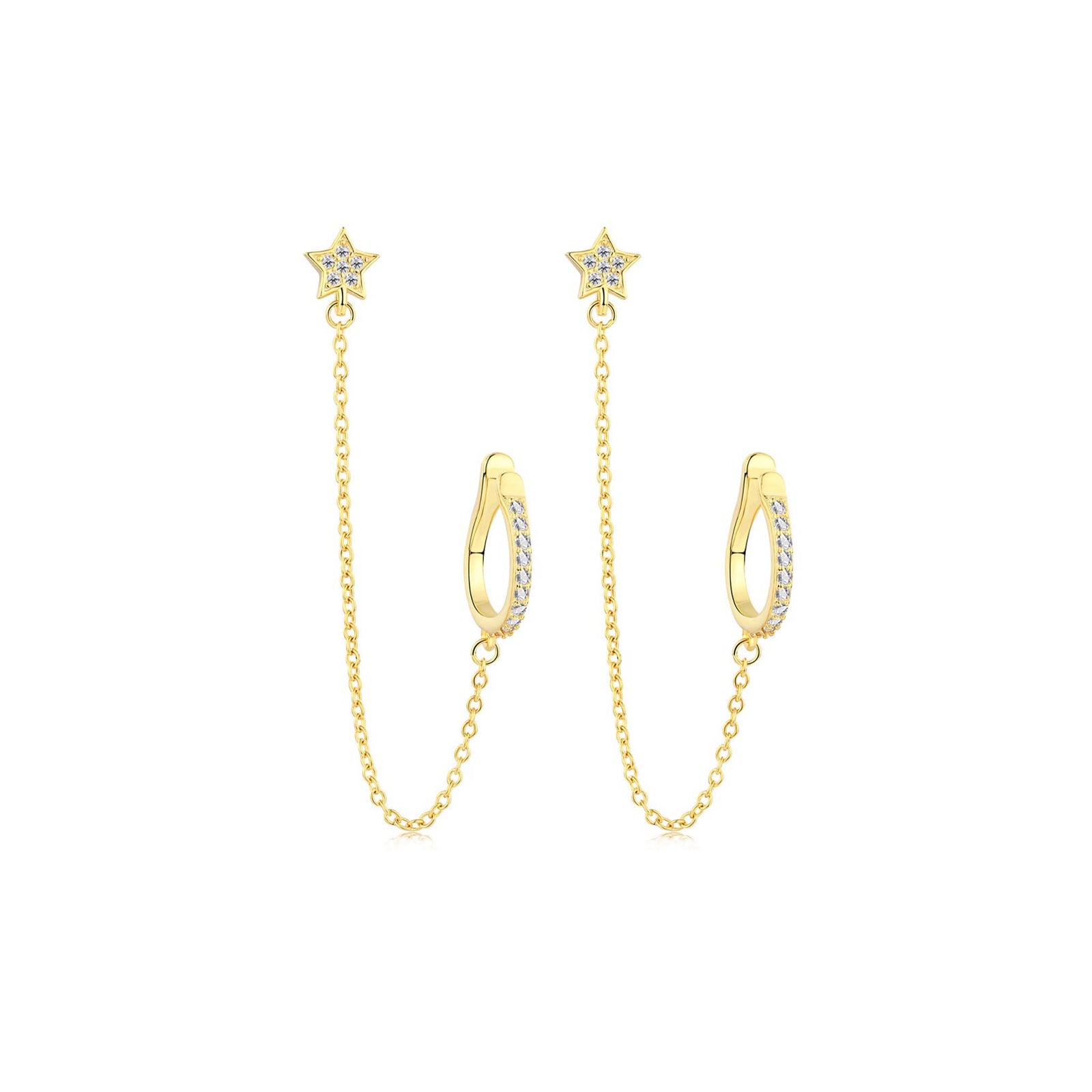 Star Earrings with Chain and Ear Cuff no Piercing Gold Plated