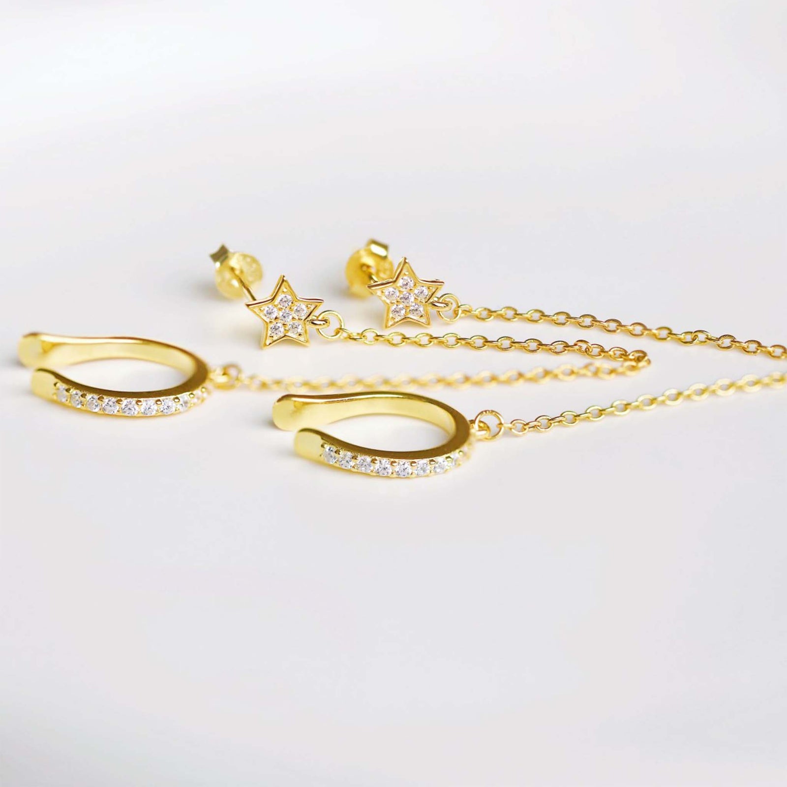 Star Earrings with Chain and Ear Cuff no Piercing Gold Plated