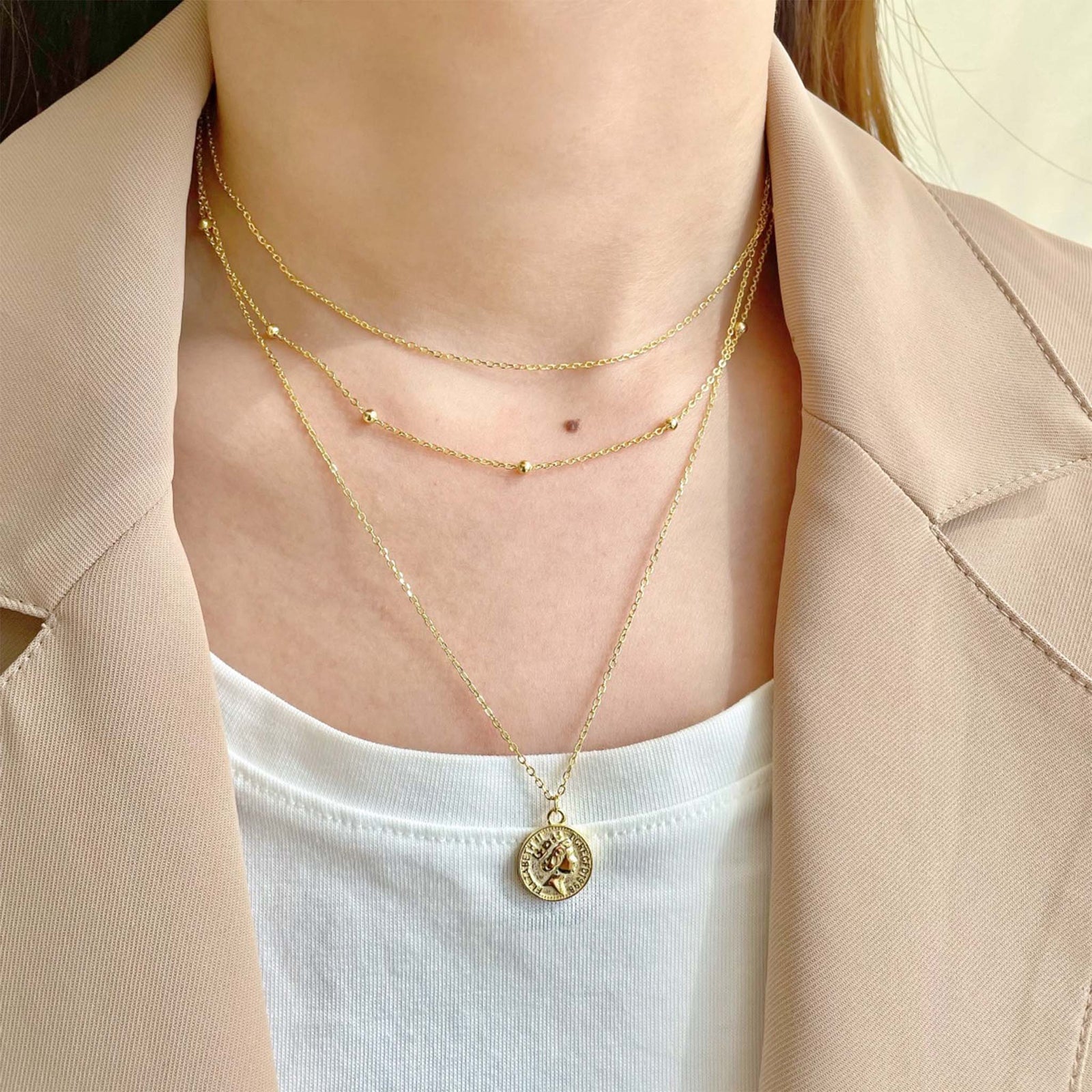 Coin Necklace Layered Gold Plated Sterling Silver