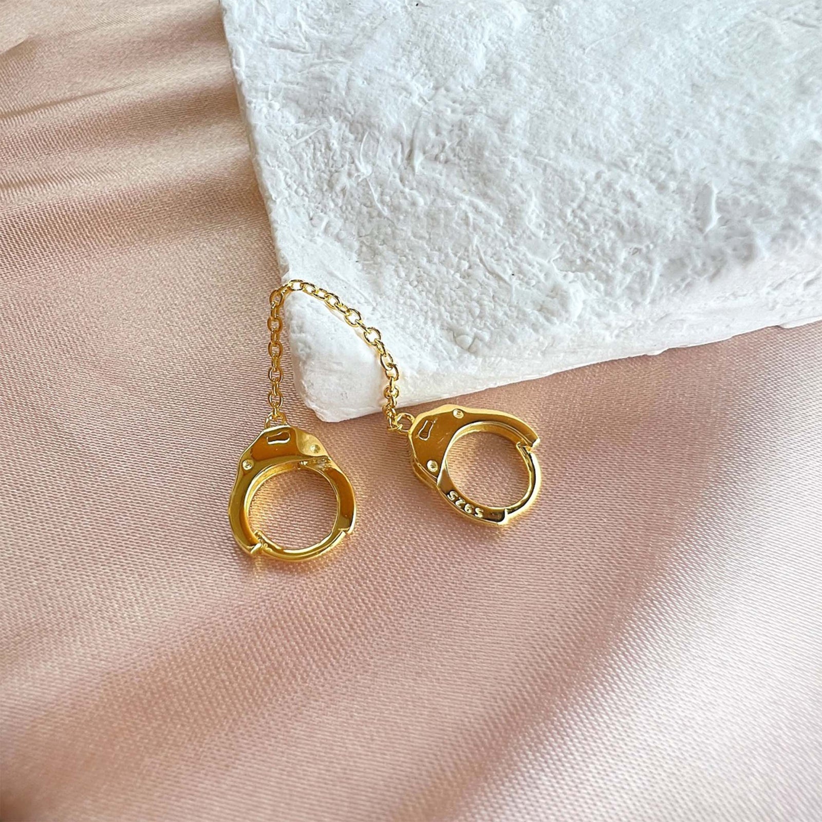 Handcuffs Earrings with a Linking Chain Gold Plated Sterling Silver
