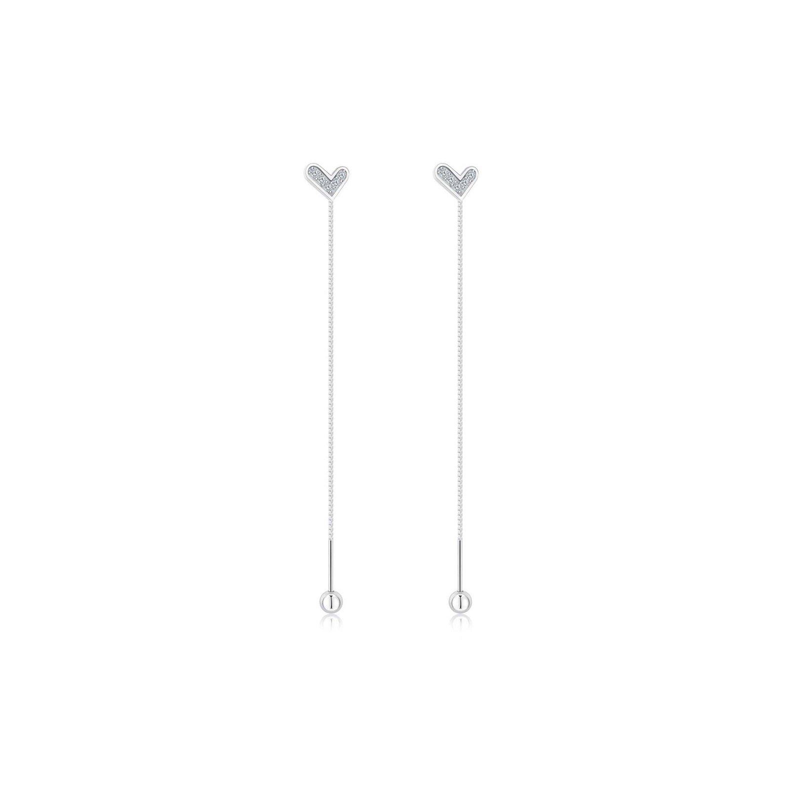 Heart Dainty Chain Earrings Rhodium Plated Sterling Silver