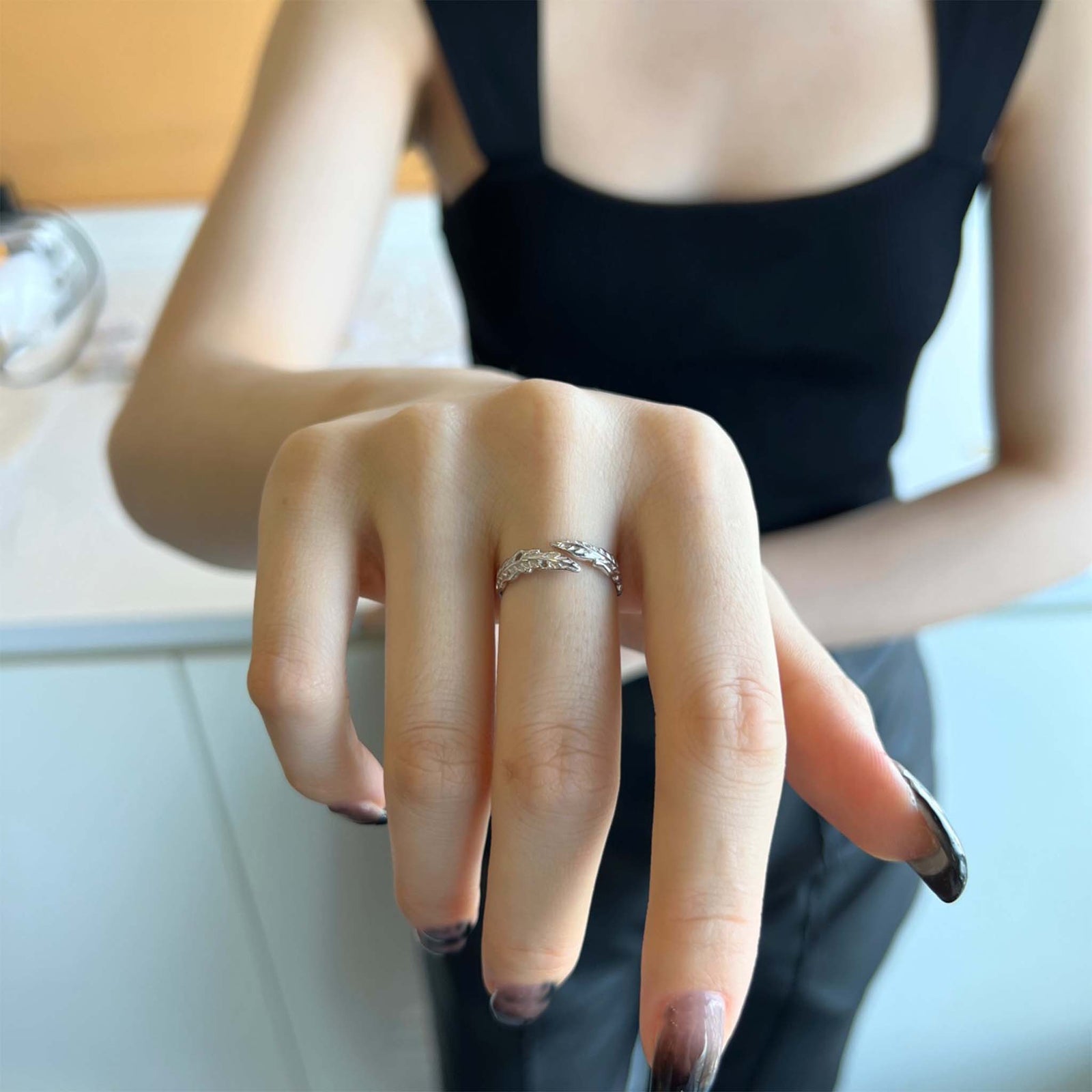 Leaf Ring Rhodium Plated Sterling Silver
