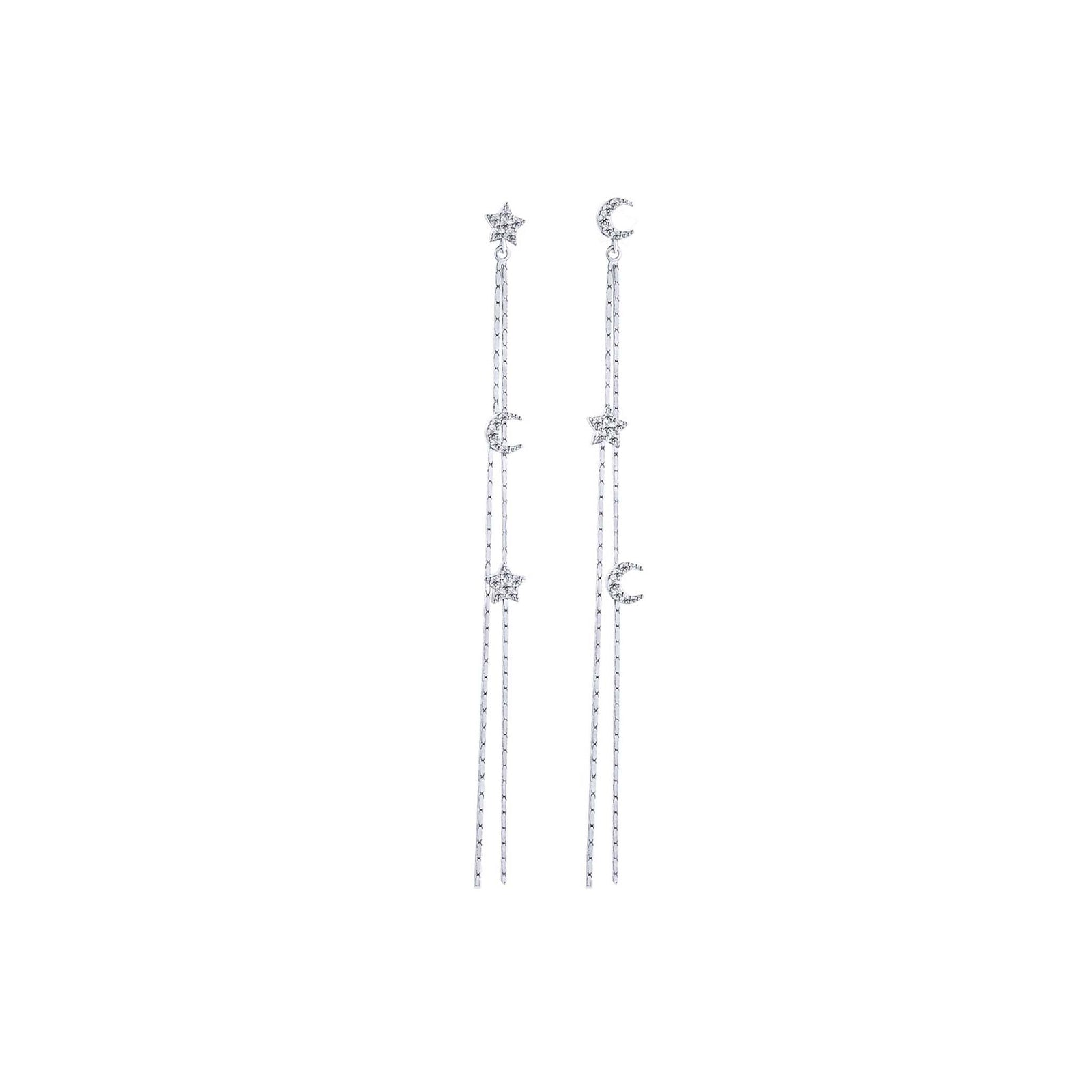 Moon and Star Chain Drop Earrings Rhodium Plated Sterling Silver