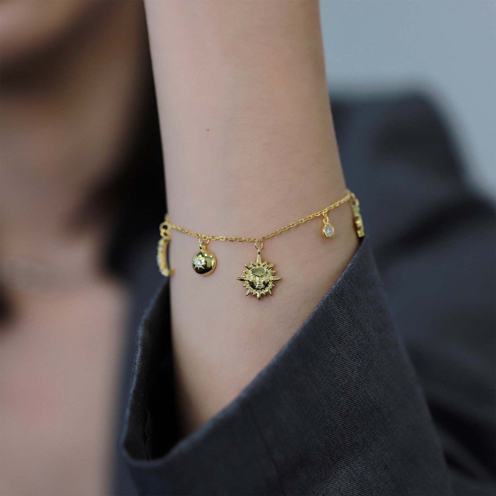 Sun, Moon and Stars Celestial Bracelet Gold Plated Sterling Silver