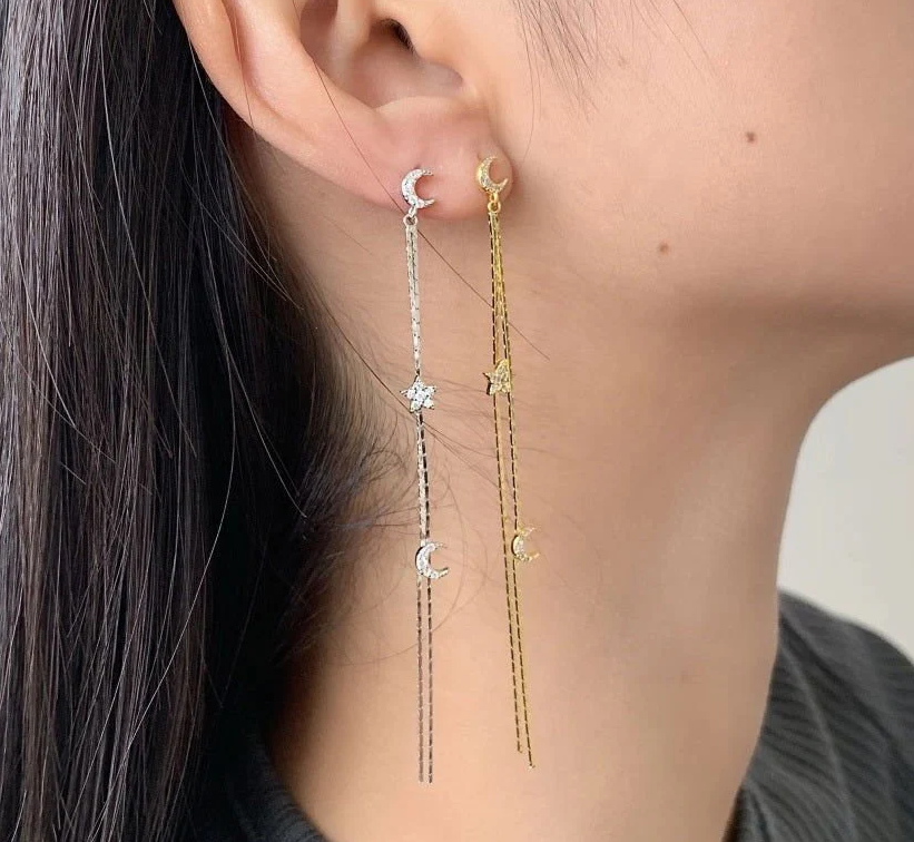 Moon and Star Chain Drop Earrings Gold Plated Sterling Silver