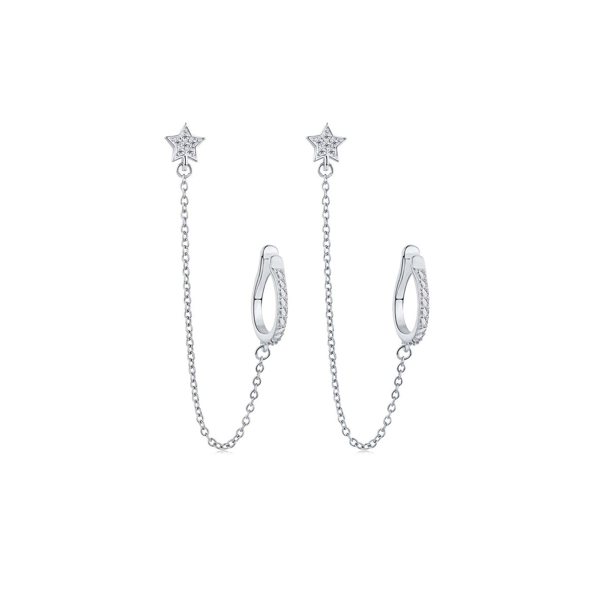 Star Earrings with Chain and Ear Cuff no Piercing Rhodium Plated