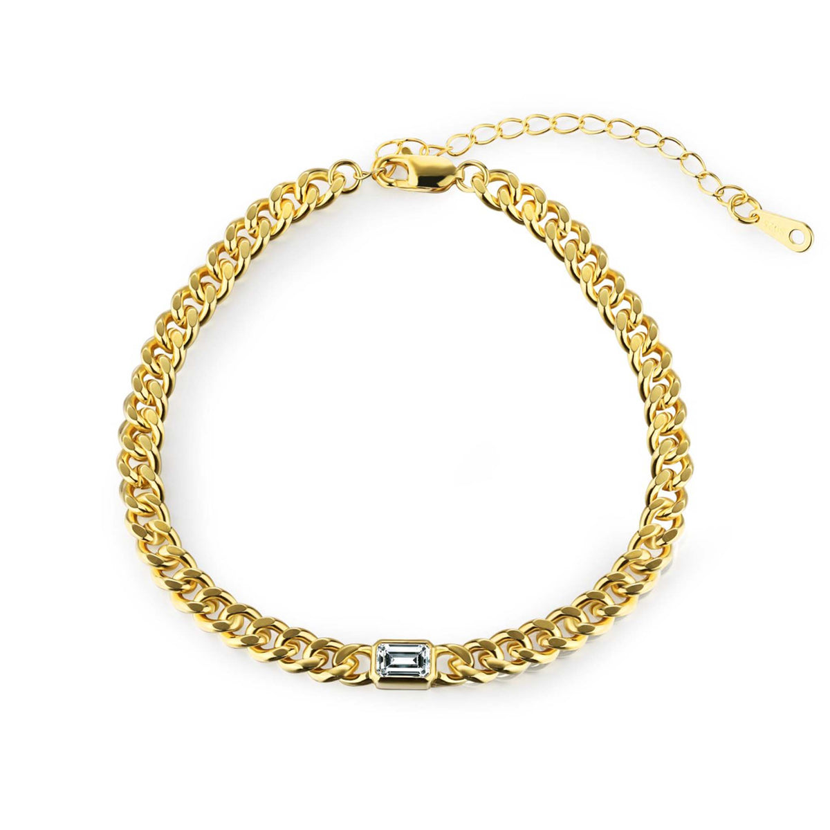 Cuban Link Chain Bracelet with Rectangular Shiny Stone Charm Gold plated