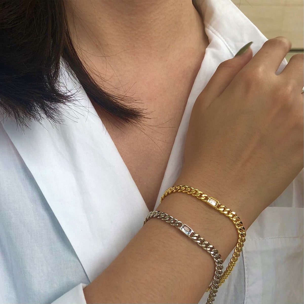 Cuban Link Chain Bracelet with Rectangular Shiny Stone Charm Gold plated