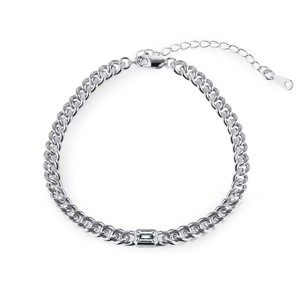Cuban Link Chain Bracelet with Rectangular Shiny Stone Charm Rhodium plated