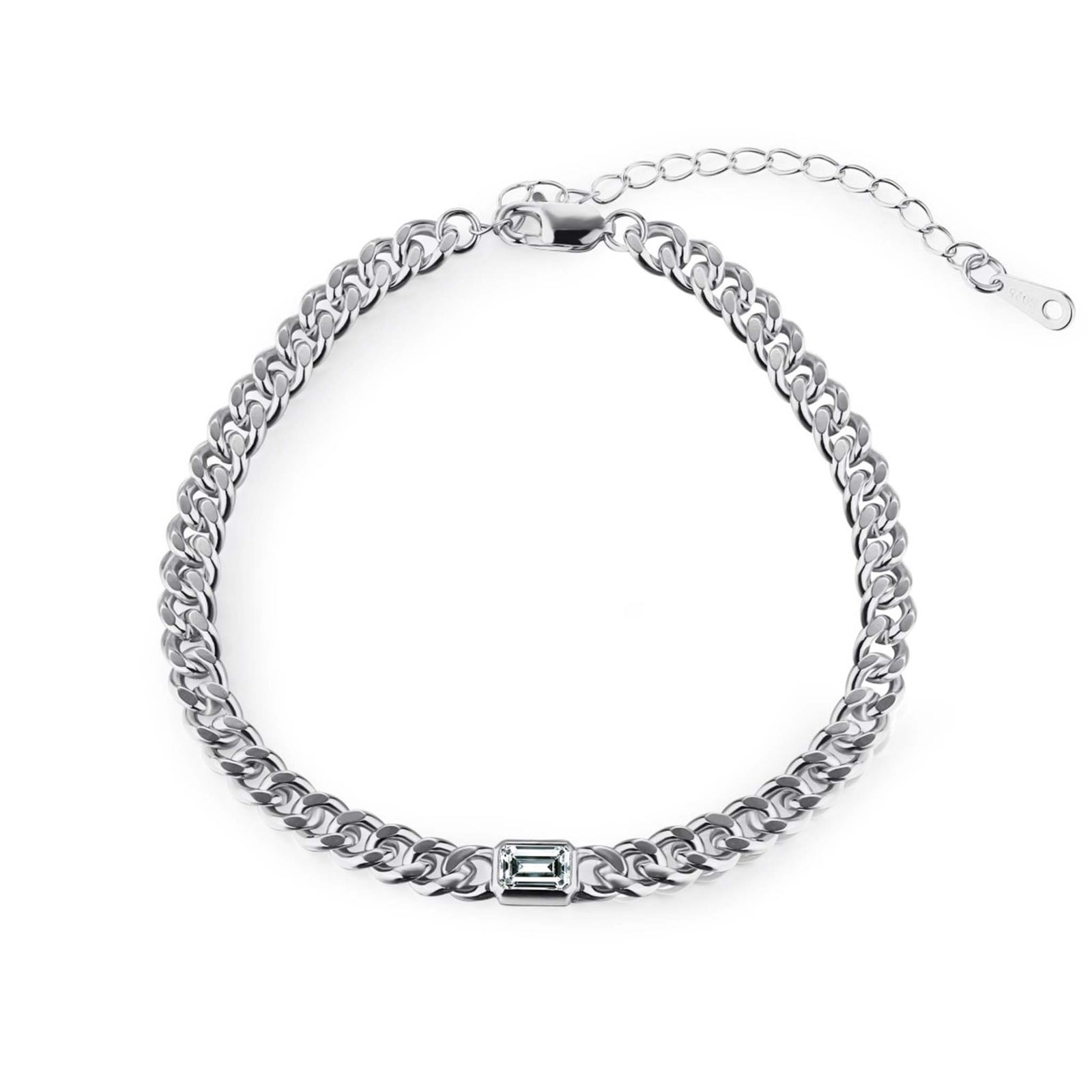 Cuban Link Chain Bracelet with Rectangular Shiny Stone Charm Rhodium plated