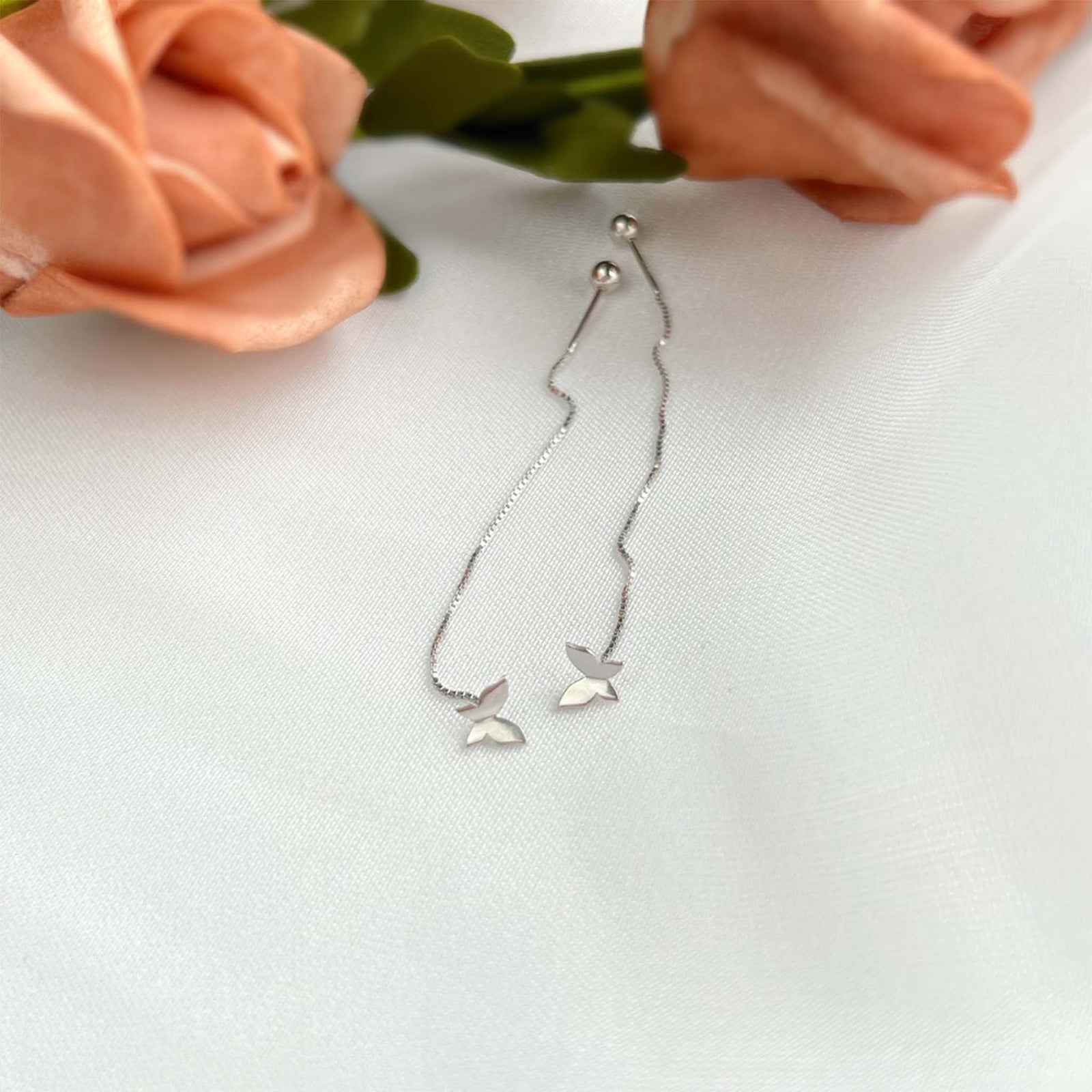 Butterfly Dainty Chain Earrings Rhodium Plated Sterling Silver