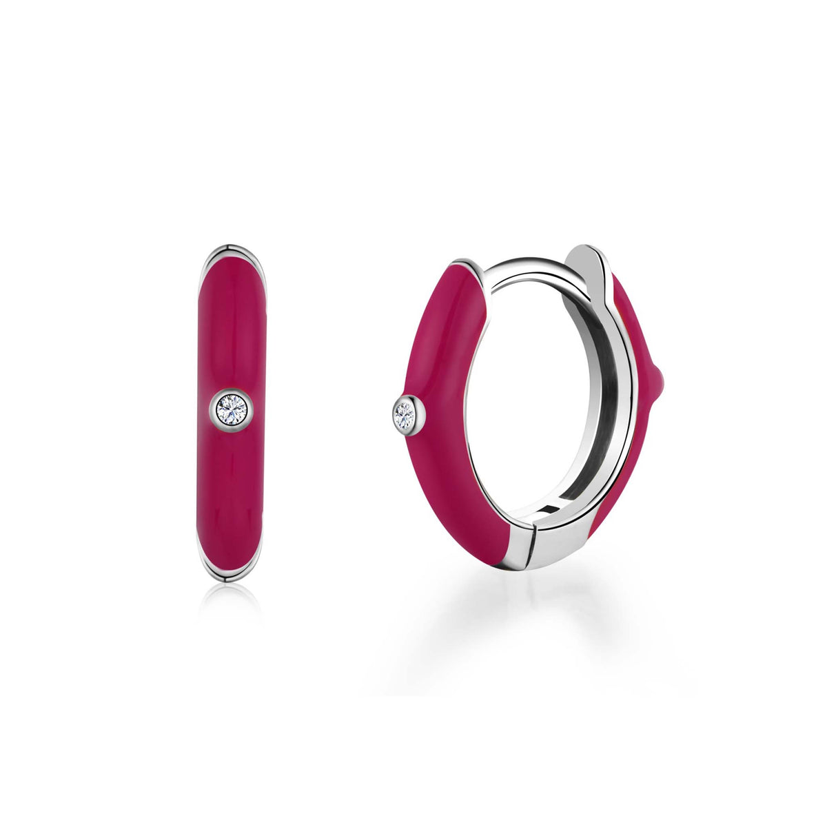 Dark Pink Hoop Earrings Rhodium Plated Sterling Silver