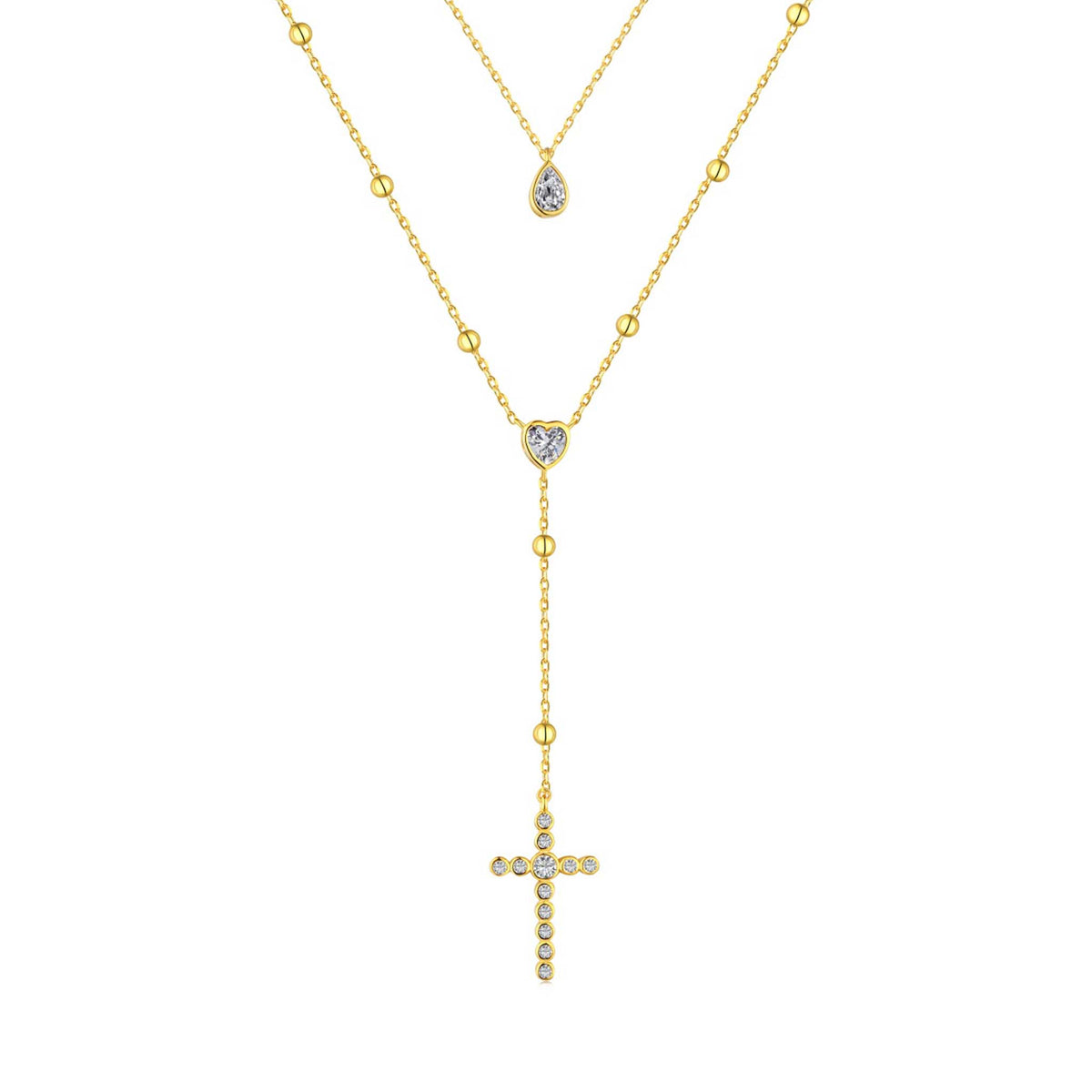 Double Necklace with Tear of Joy &amp; Cross Pendants Gold Plated