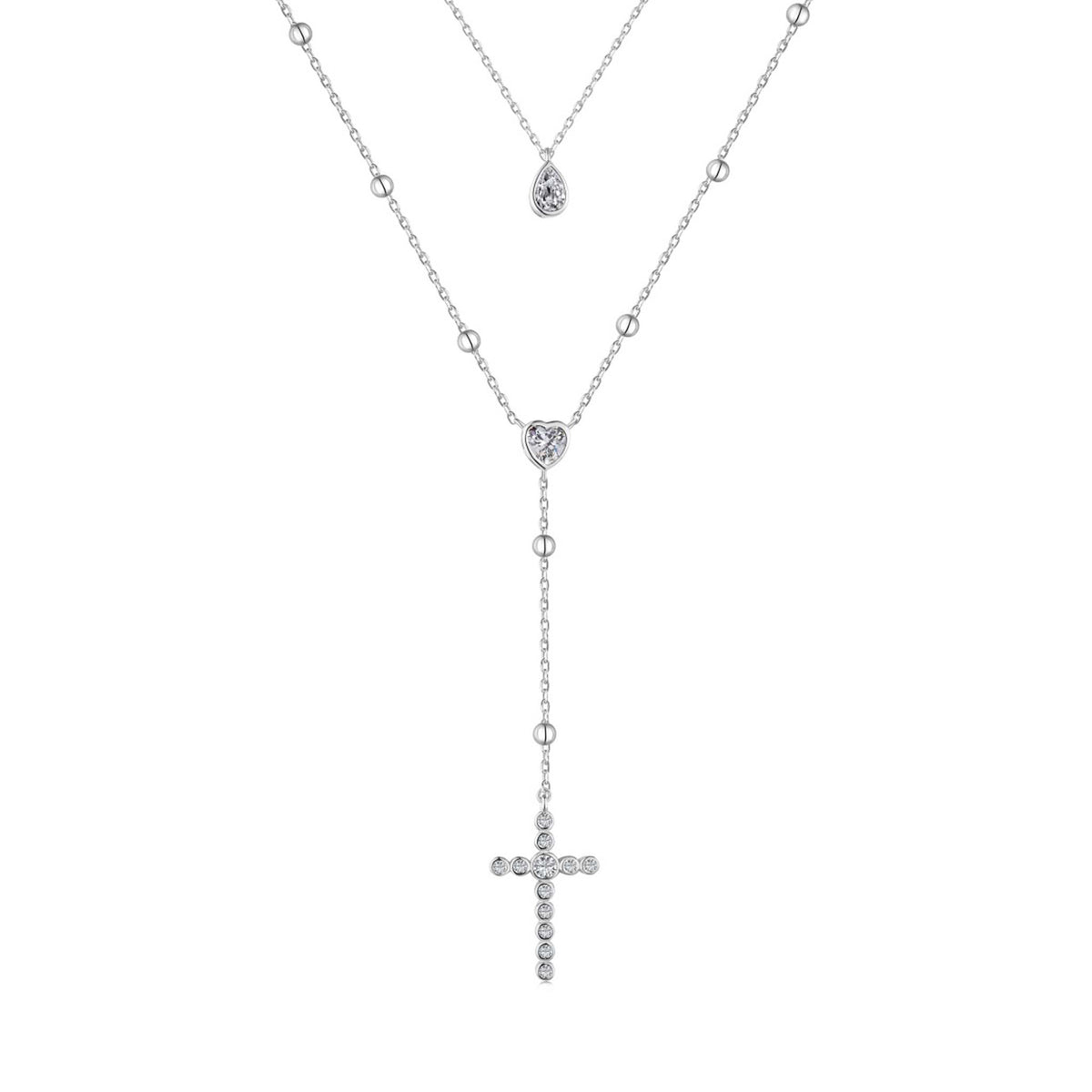 Double Necklace with Tear of Joy &amp; Cross Pendants Rhodium Plated