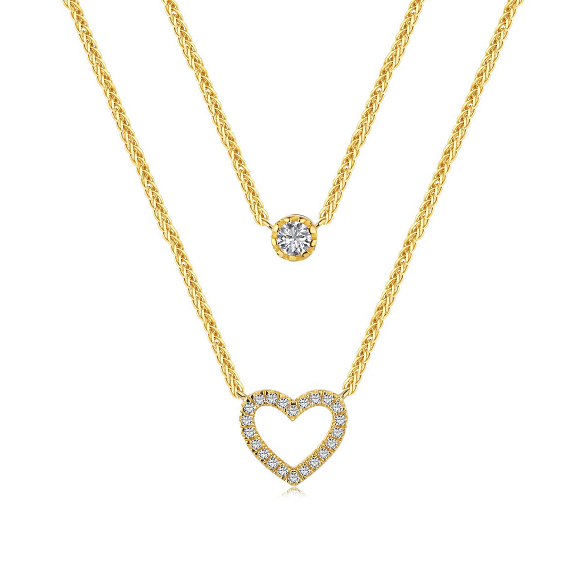 Double Layered Necklace with Dainty Stone and Heart Pendant Gold Plated