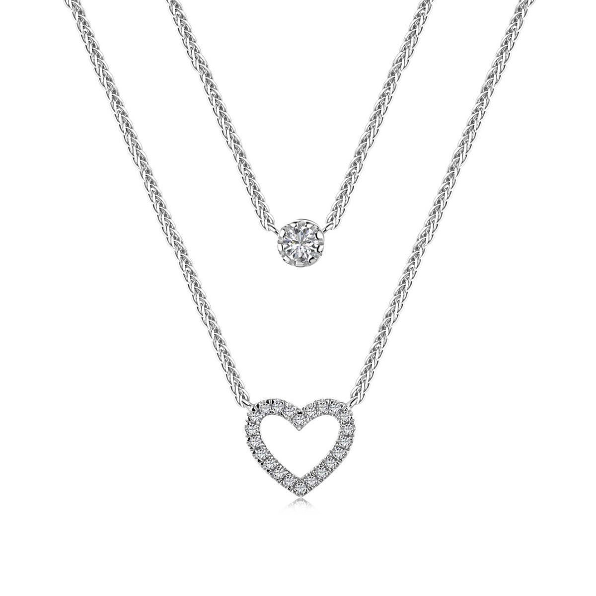 Double Layered Necklace with Dainty Stone and Heart Pendant Rhodium Plated