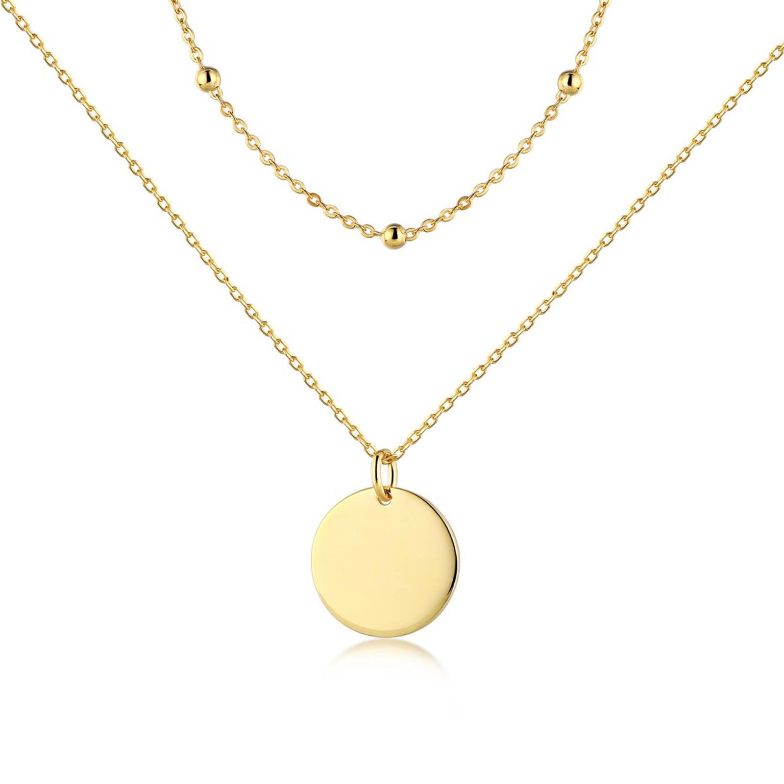 Double Layered Necklace with Round Disc Pendant Ready to be Engraved Gold Plated