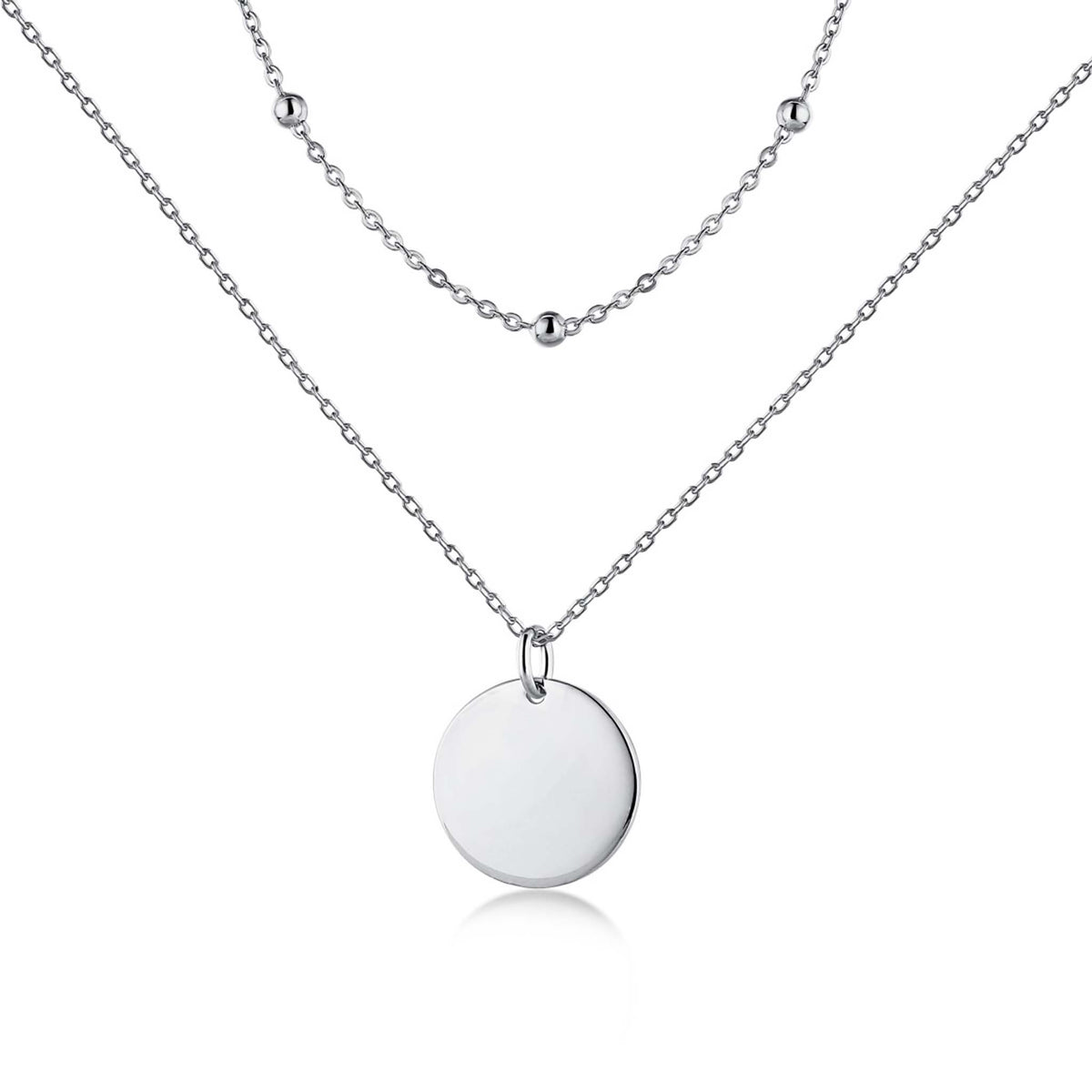 Double Layered Necklace with Round Disc Pendant Ready to be Engraved Rhodium Plated