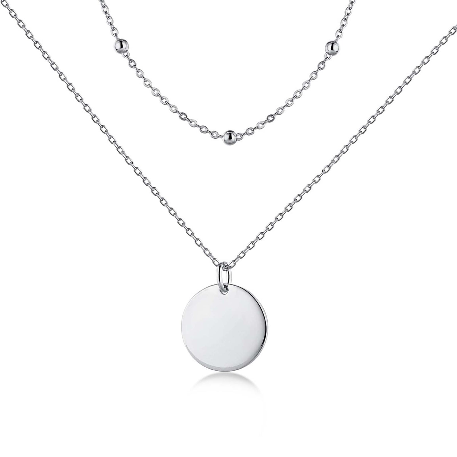 Double Layered Necklace with Round Disc Pendant Ready to be Engraved Rhodium Plated