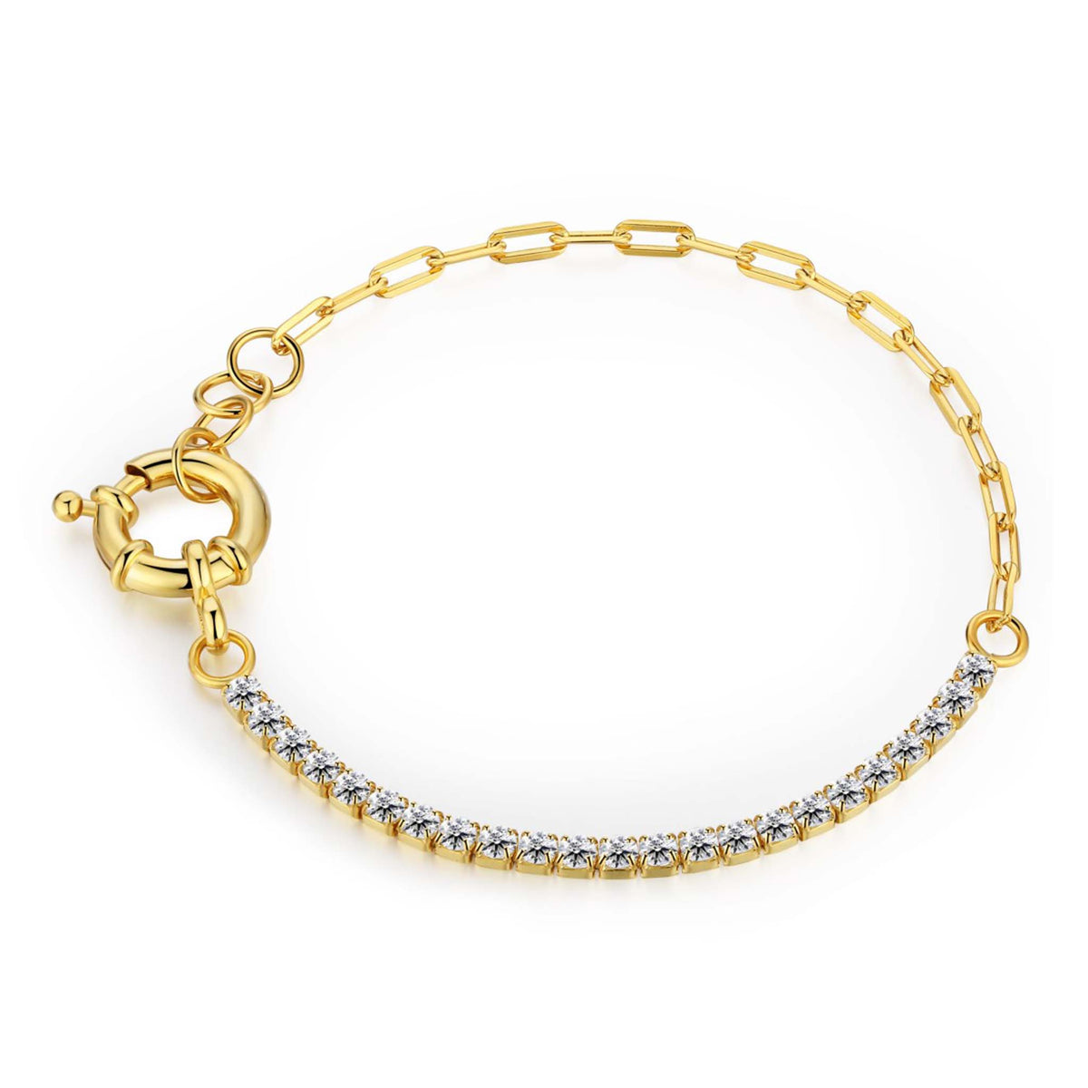 Half Tennis Half Paperclip Bracelet Gold Plated Sterling Silver