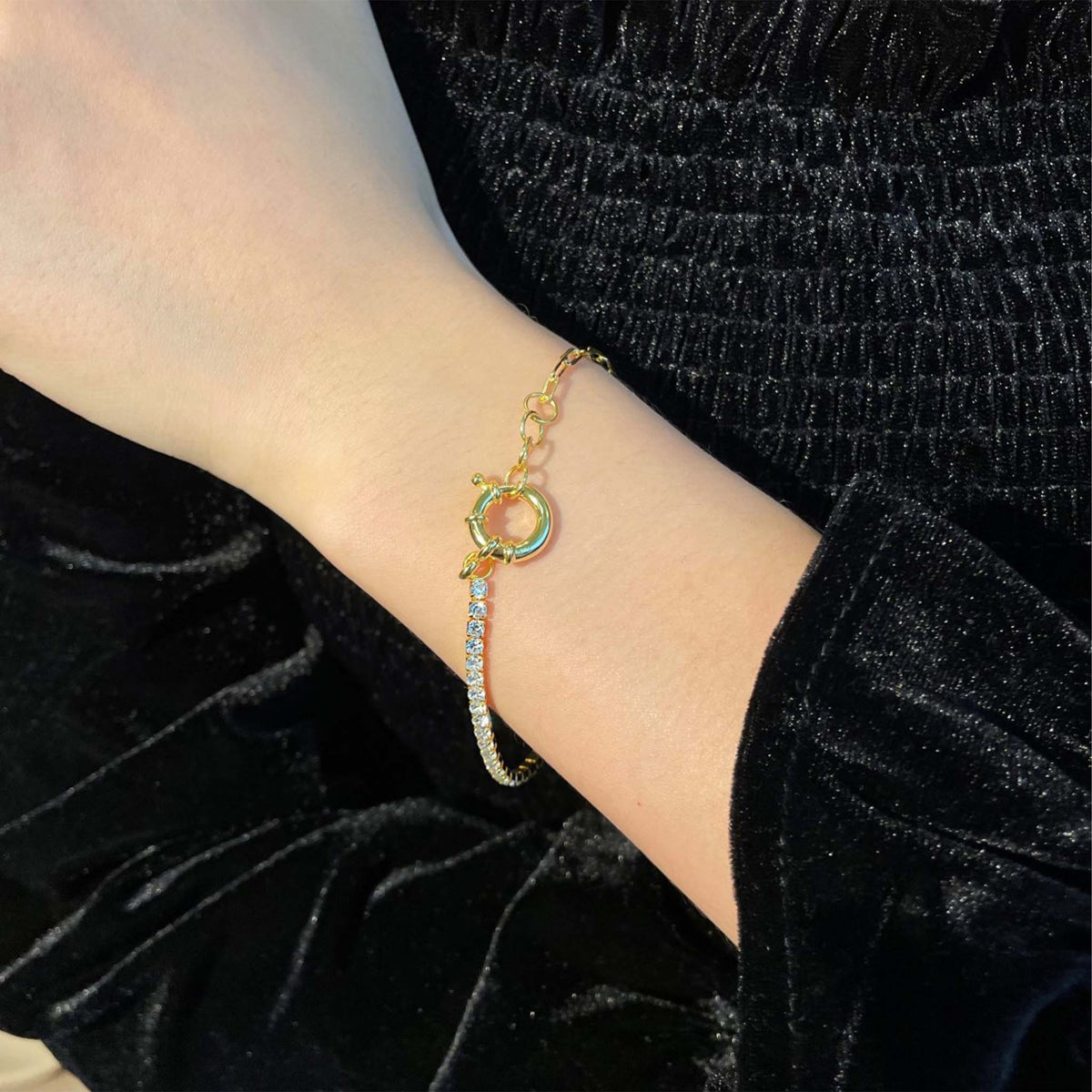 Half Tennis Half Paperclip Bracelet Gold Plated Sterling Silver