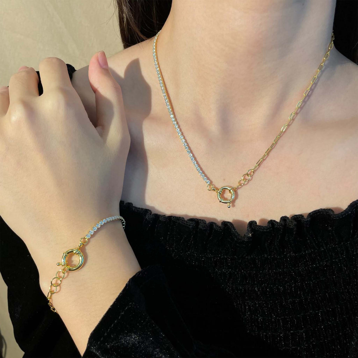 Half Tennis Half Paperclip Bracelet Gold Plated Sterling Silver
