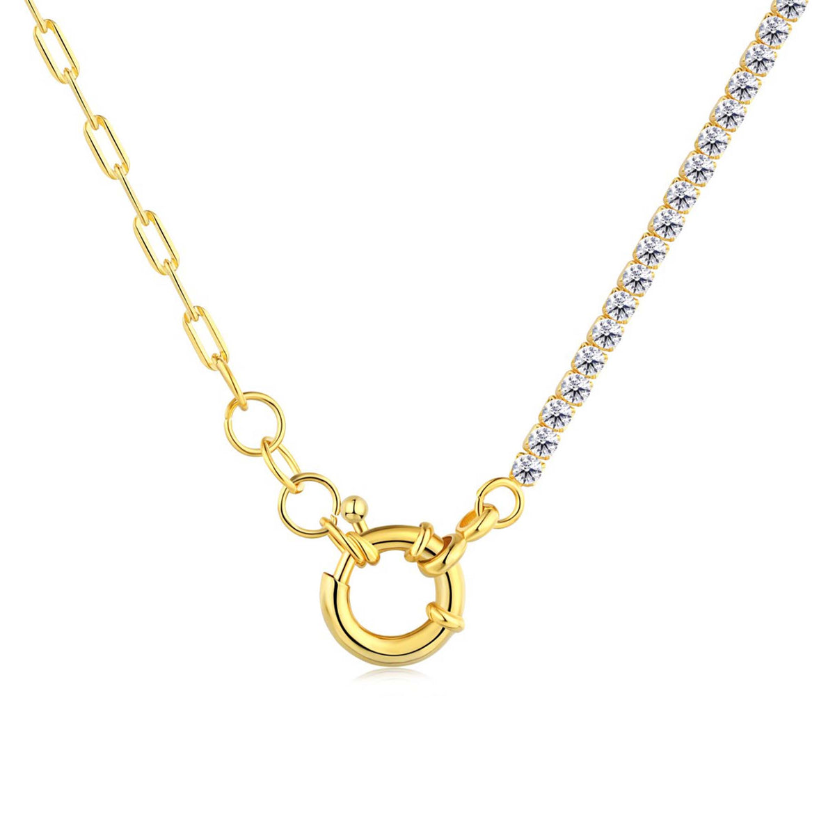 Half Tennis Half Paperclip Necklace Gold Plated Sterling Silver