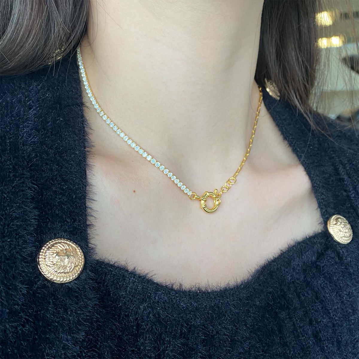 Half Tennis Half Paperclip Necklace Gold Plated Sterling Silver