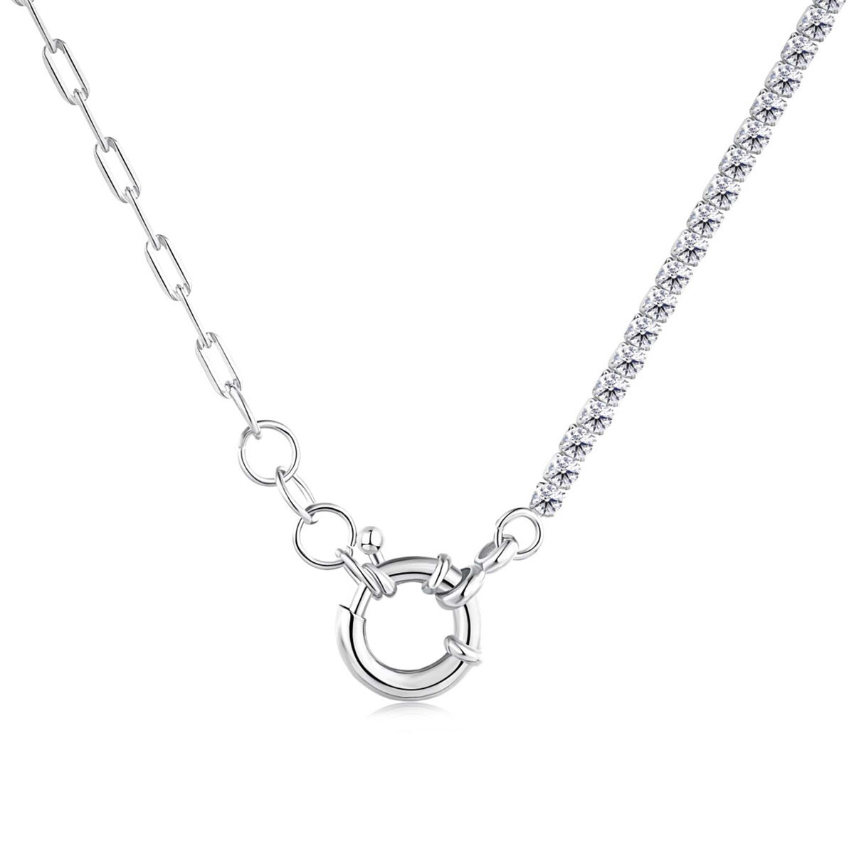 Half Tennis Half Paperclip Necklace Rhodium Plated Sterling Silver