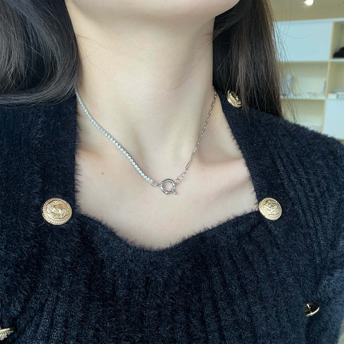 Half Tennis Half Paperclip Necklace Rhodium Plated Sterling Silver