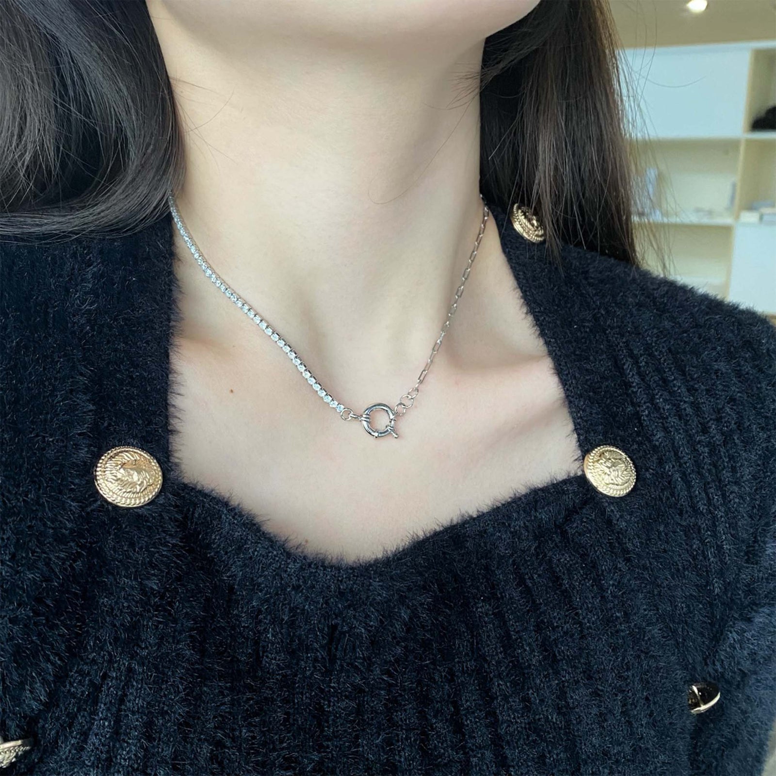 Half Tennis Half Paperclip Necklace Rhodium Plated Sterling Silver