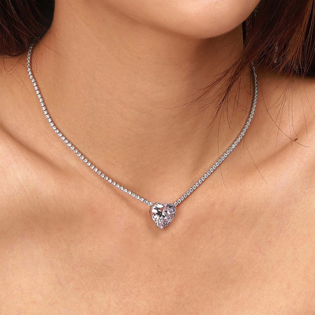 Heart Shape Stone Pendant Tennis Necklace