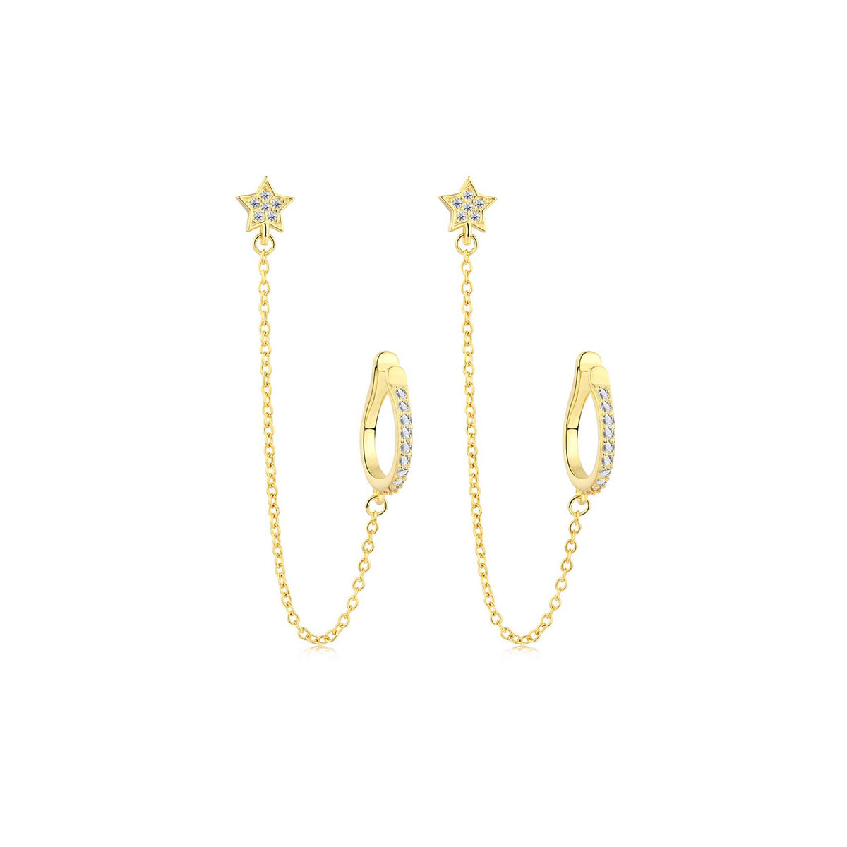 Star Earrings with Chain and Ear Cuff no Piercing Gold Plated