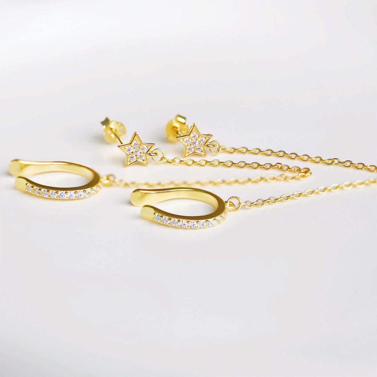 Star Earrings with Chain and Ear Cuff no Piercing Gold Plated