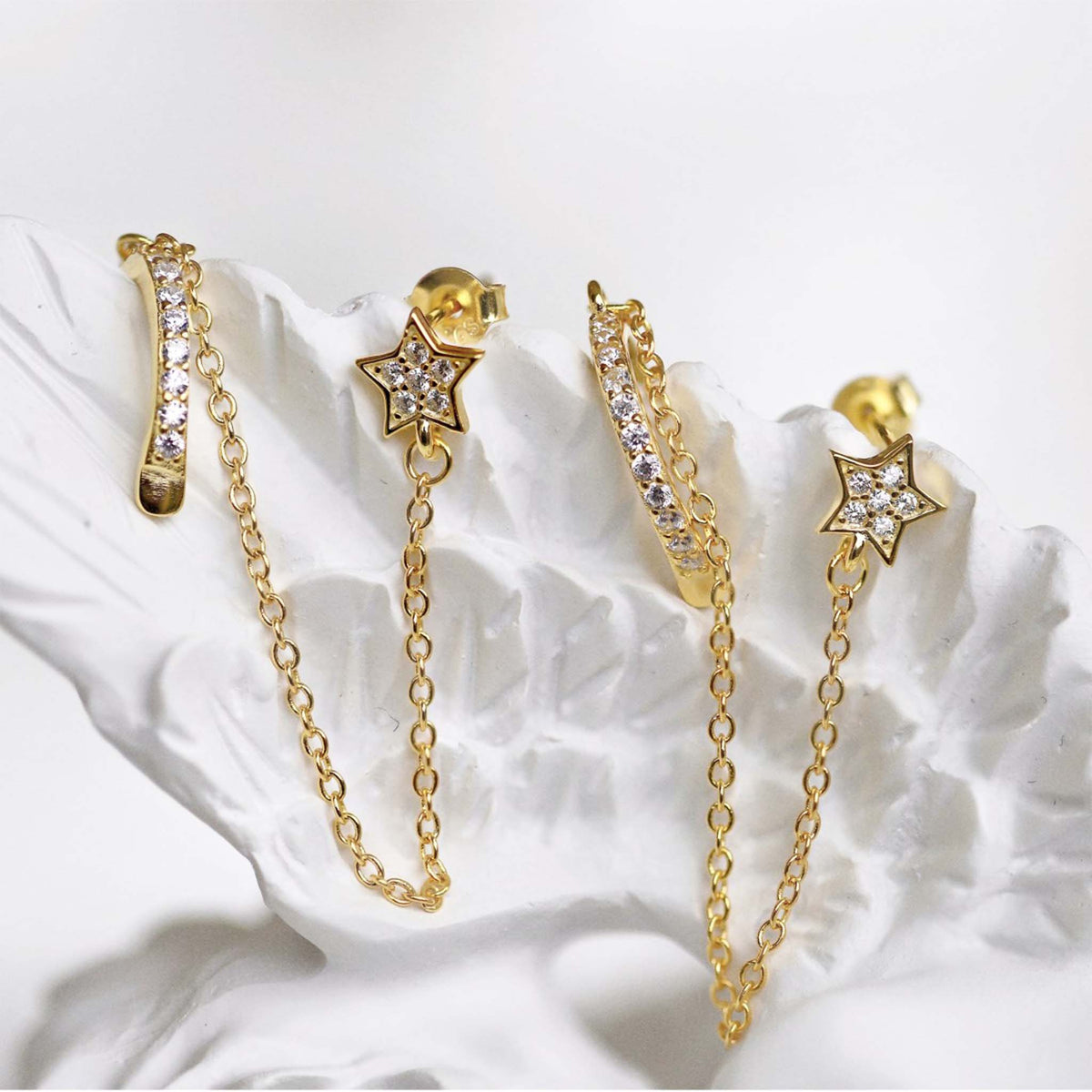 Star Earrings with Chain and Ear Cuff no Piercing Gold Plated