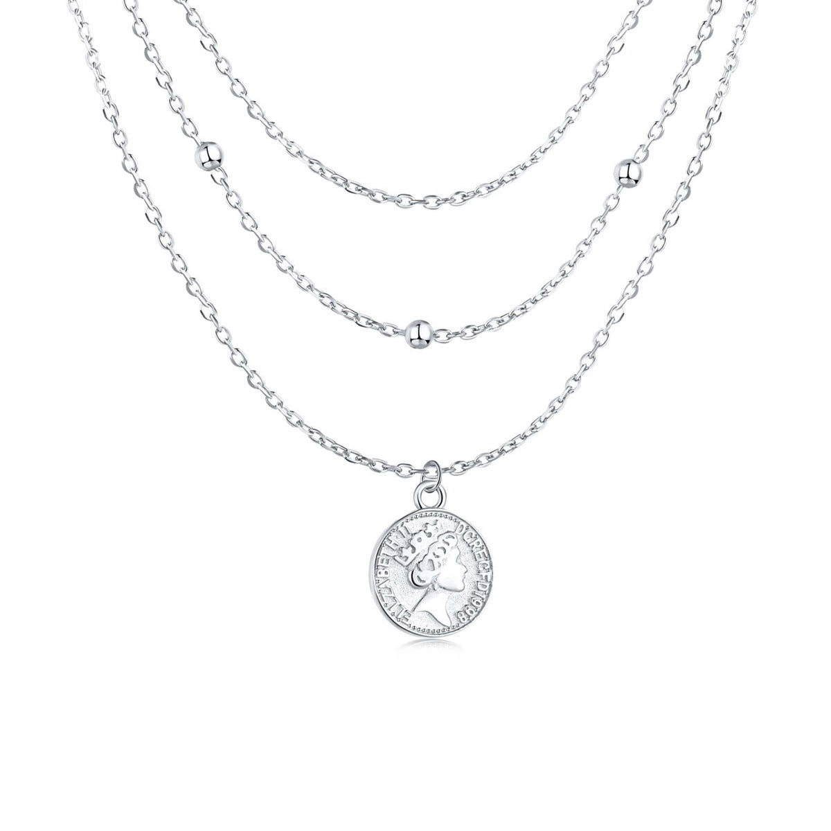 Coin Necklace Layered Rhodium Plated Sterling Silver