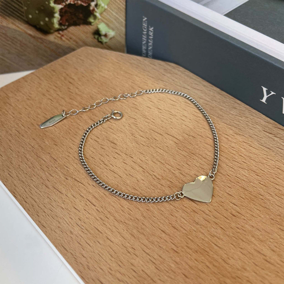 Engravable Heart Charm Bracelet Rhodium Plated Sterling Silver