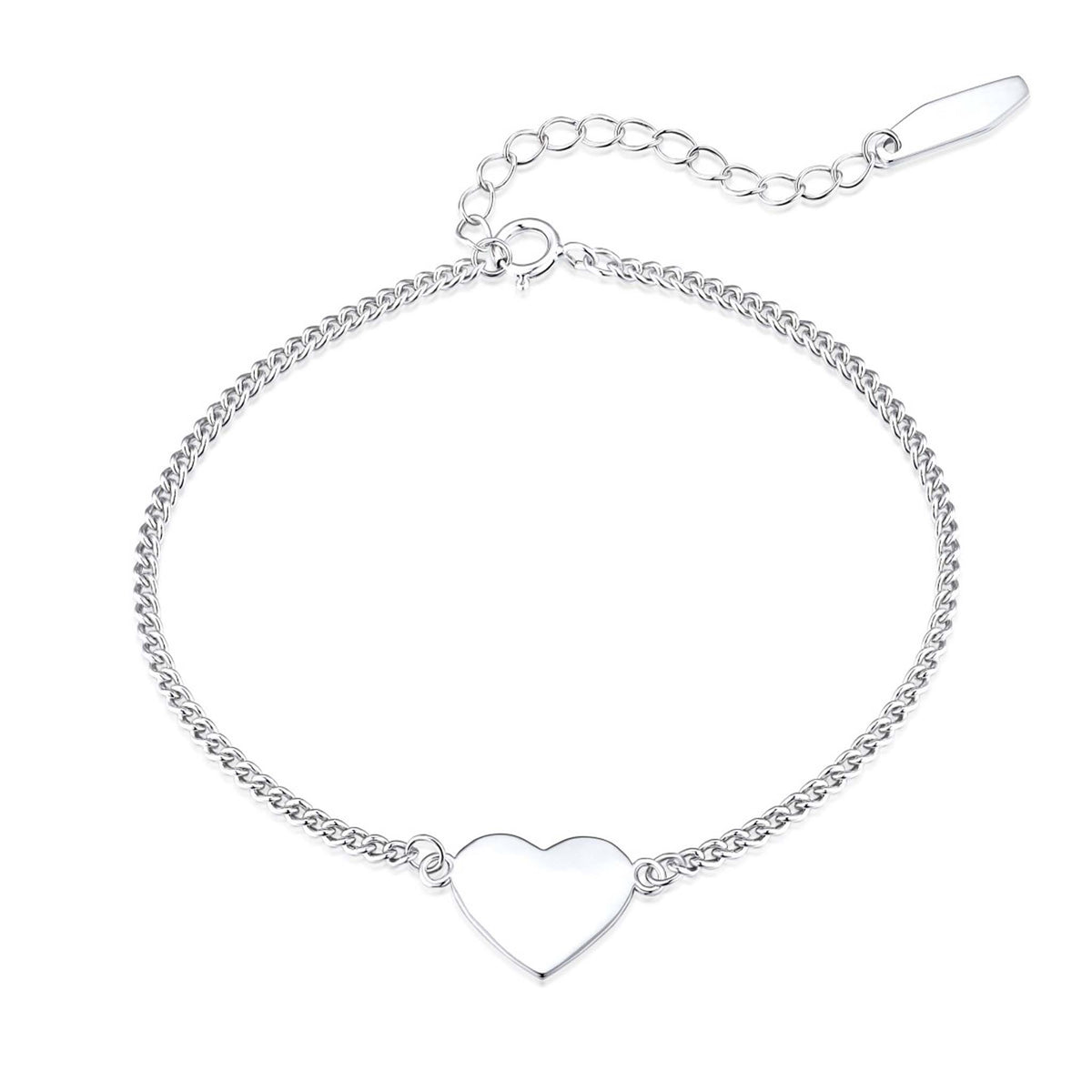 Engravable Heart Charm Bracelet Rhodium Plated Sterling Silver