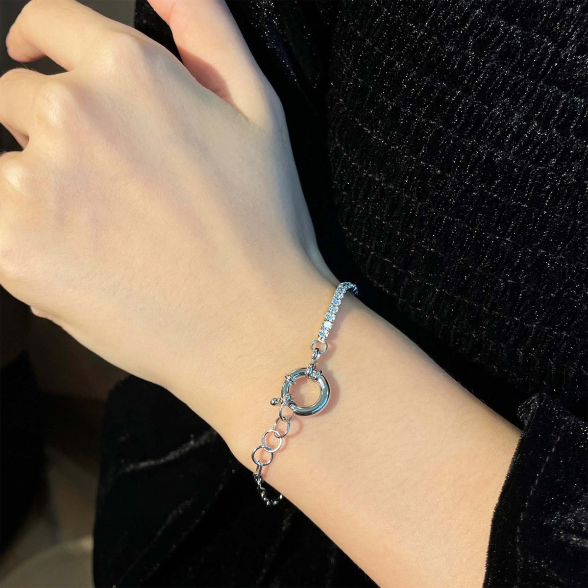 Half Tennis Half Paperclip Bracelet Rhodium Plated Sterling Silver