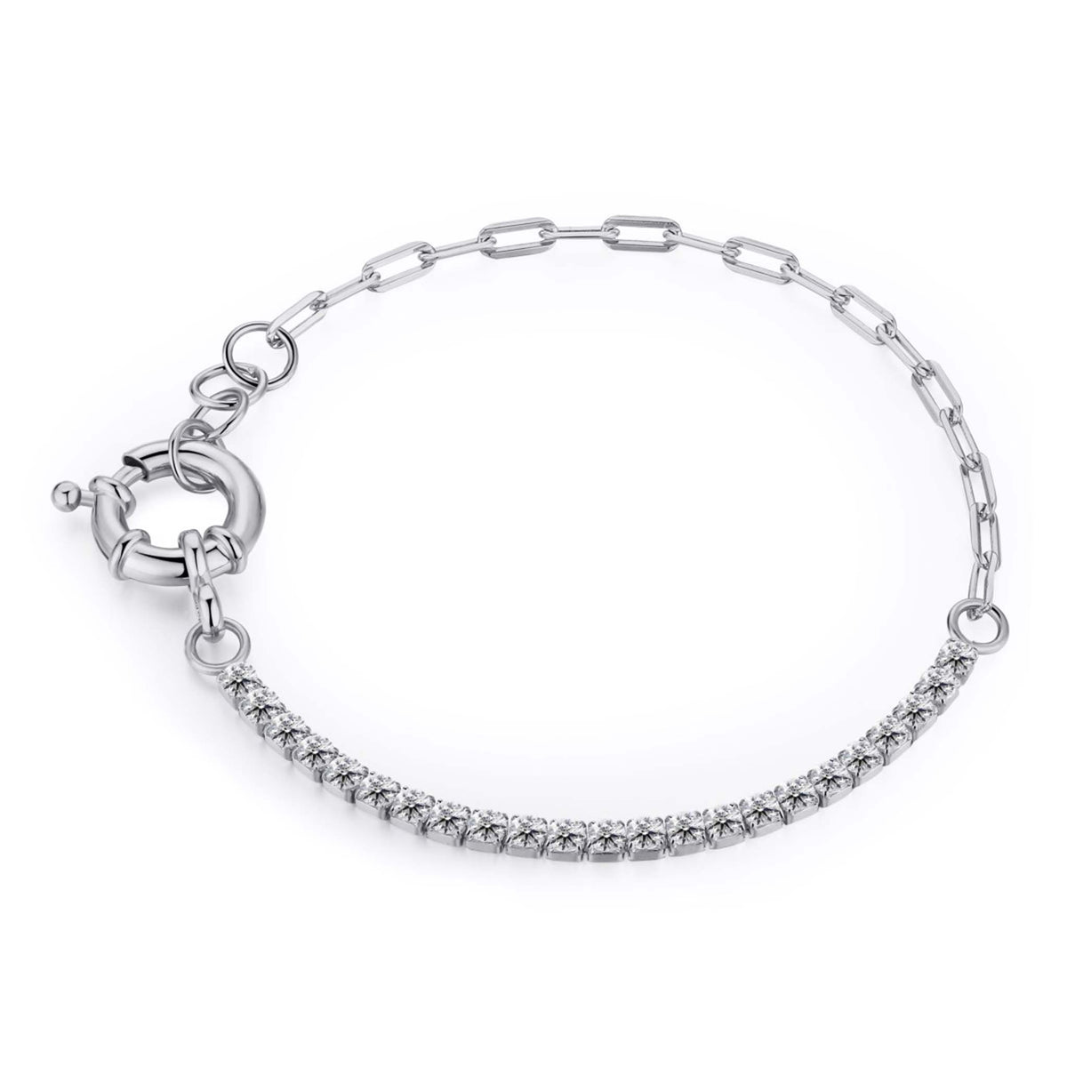Half Tennis Half Paperclip Bracelet Rhodium Plated Sterling Silver