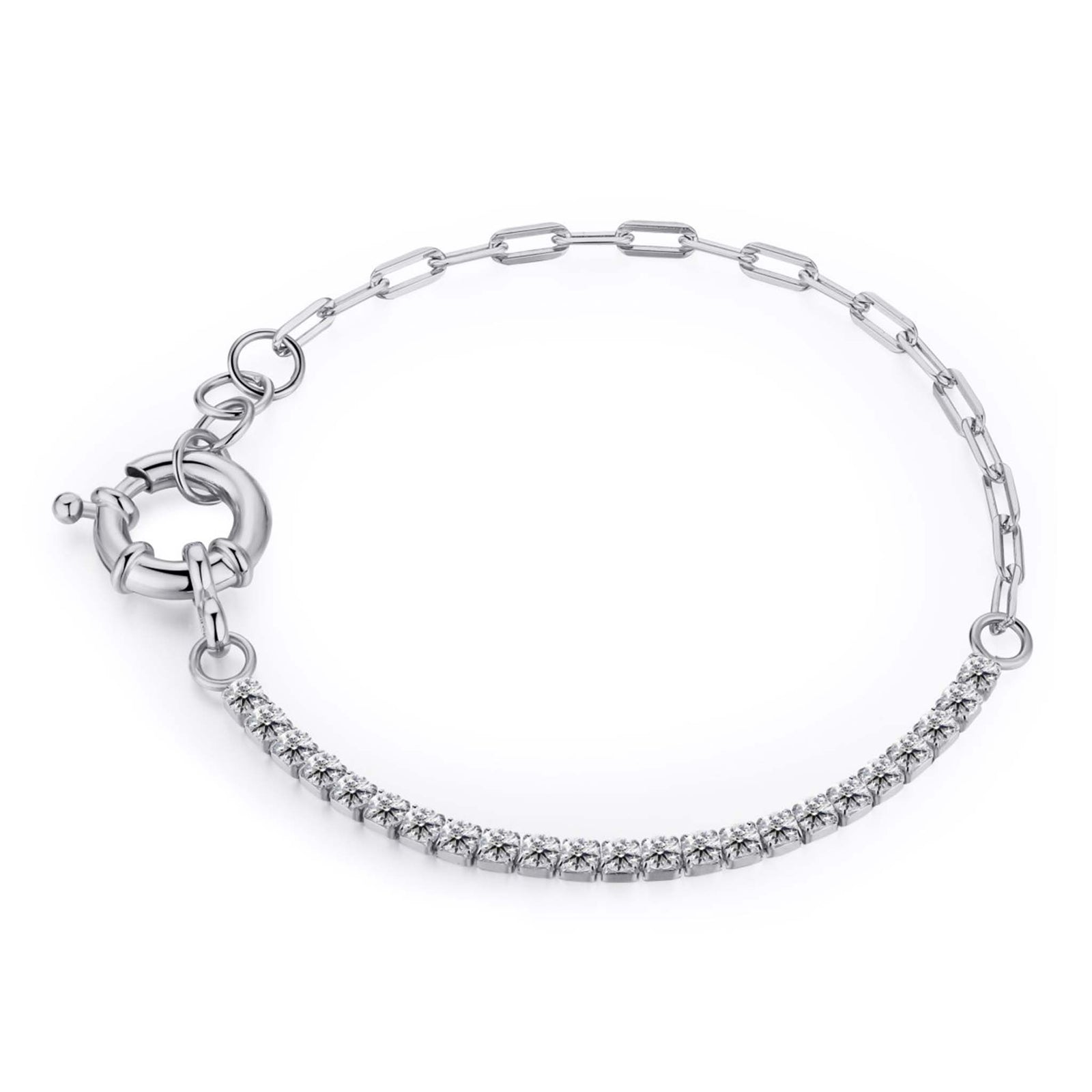 Half Tennis Half Paperclip Bracelet Rhodium Plated Sterling Silver